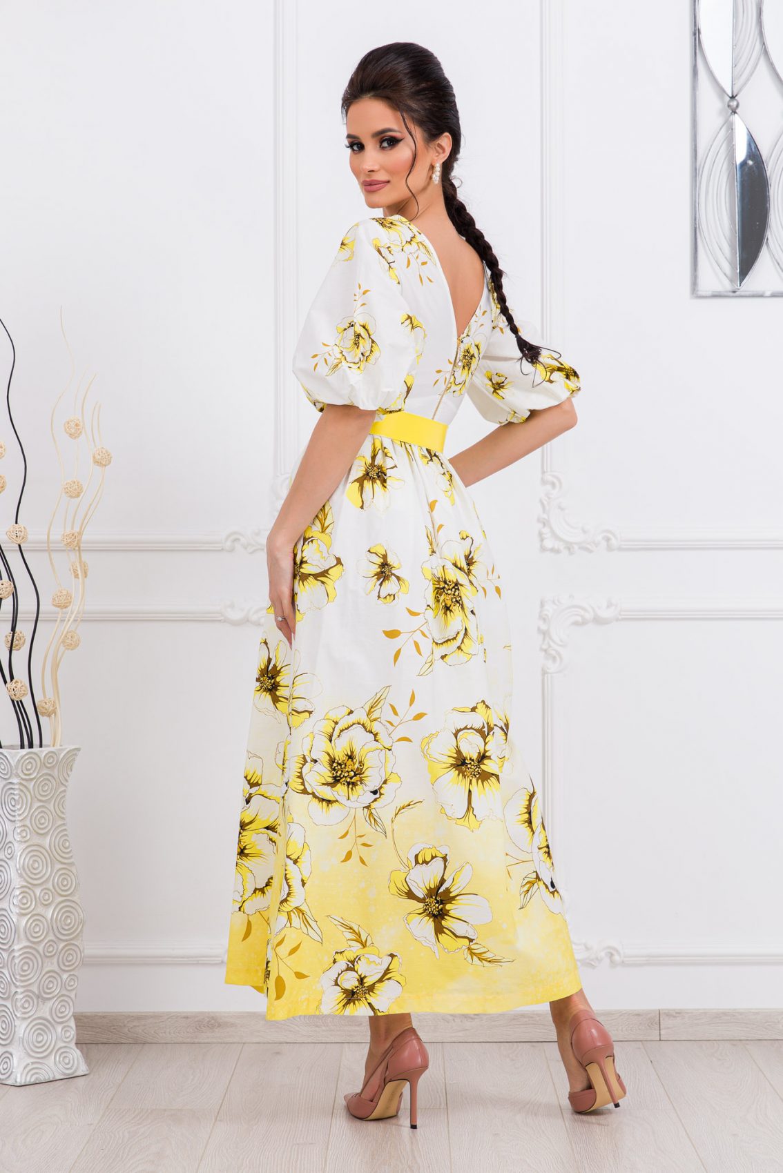 Κίτρινο Φλοράλ Μάξι Φόρεμα Florine 9738 2