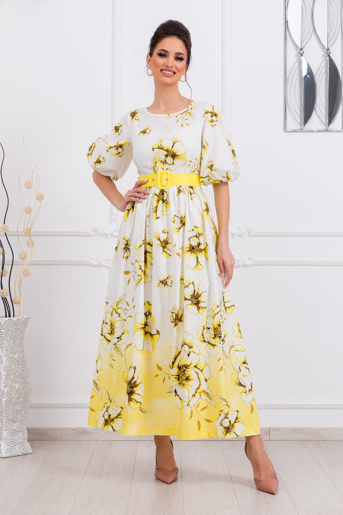 Κίτρινο Φλοράλ Μάξι Φόρεμα Florine 9738 3