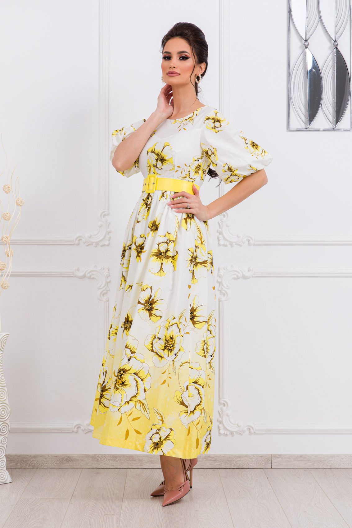 Κίτρινο Φλοράλ Μάξι Φόρεμα Florine 9738 1
