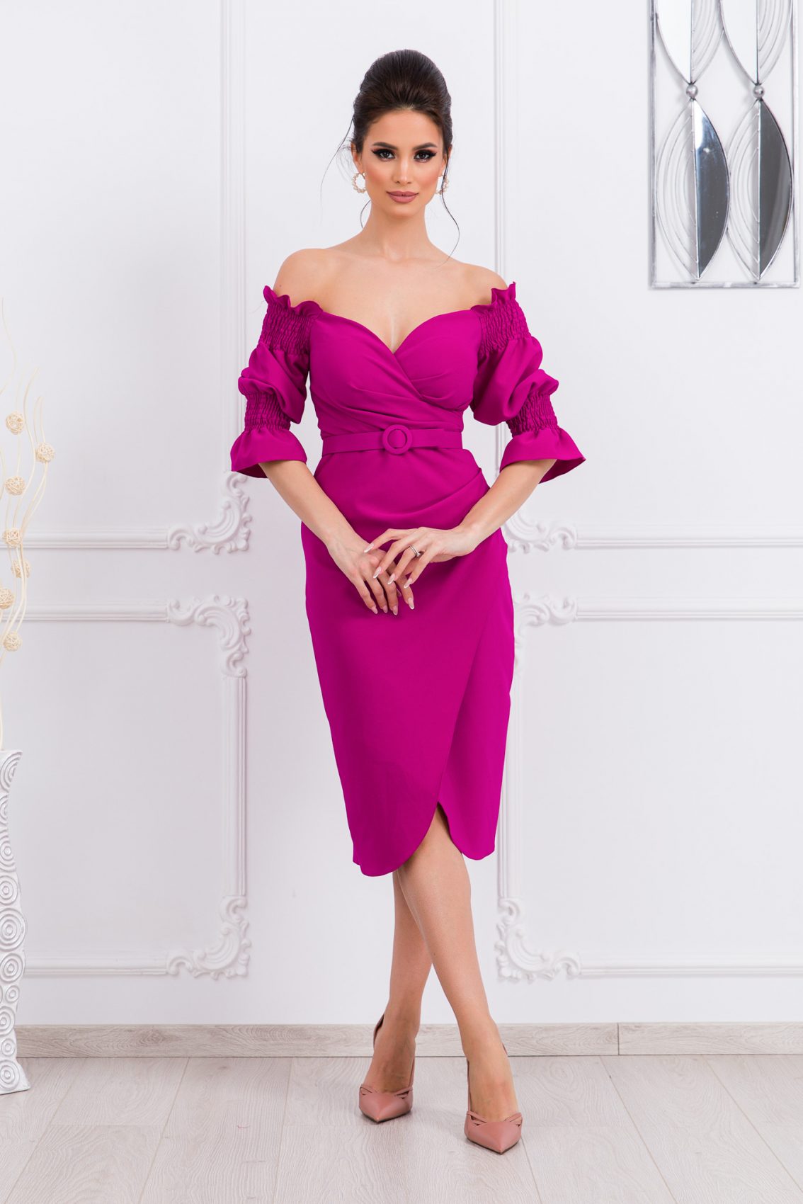 Φούξια Μίντι Κρουαζέ Φόρεμα Minola B748 1
