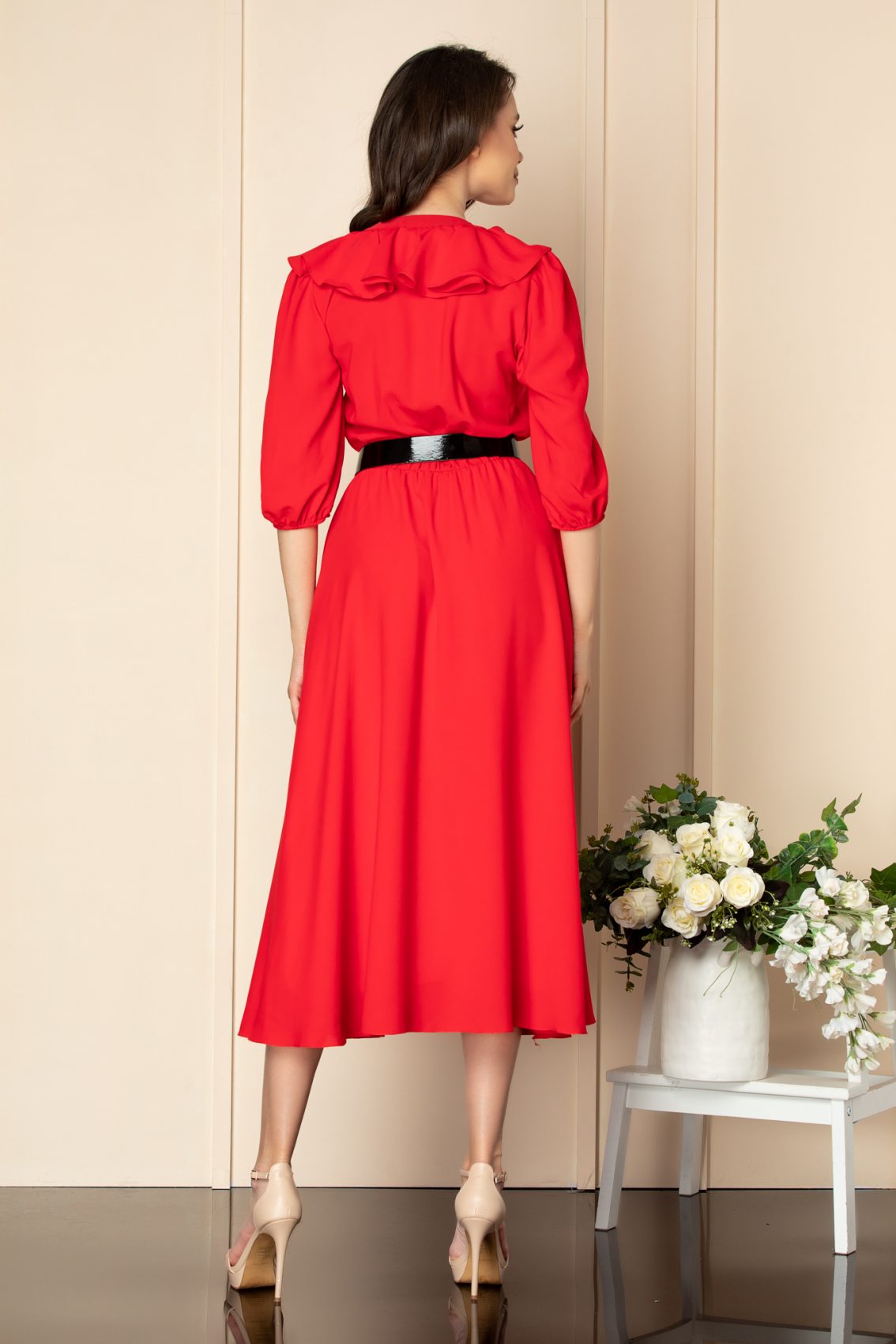 Κόκκινο Μίντι Φόρεμα Με Βολάν Chabela A574 2