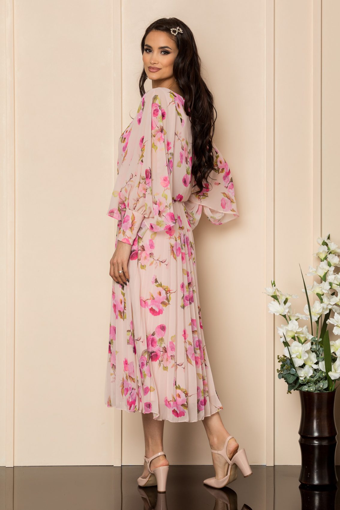 Ροζ Μίντι Φλοράλ Φόρεμα Angy A412 2