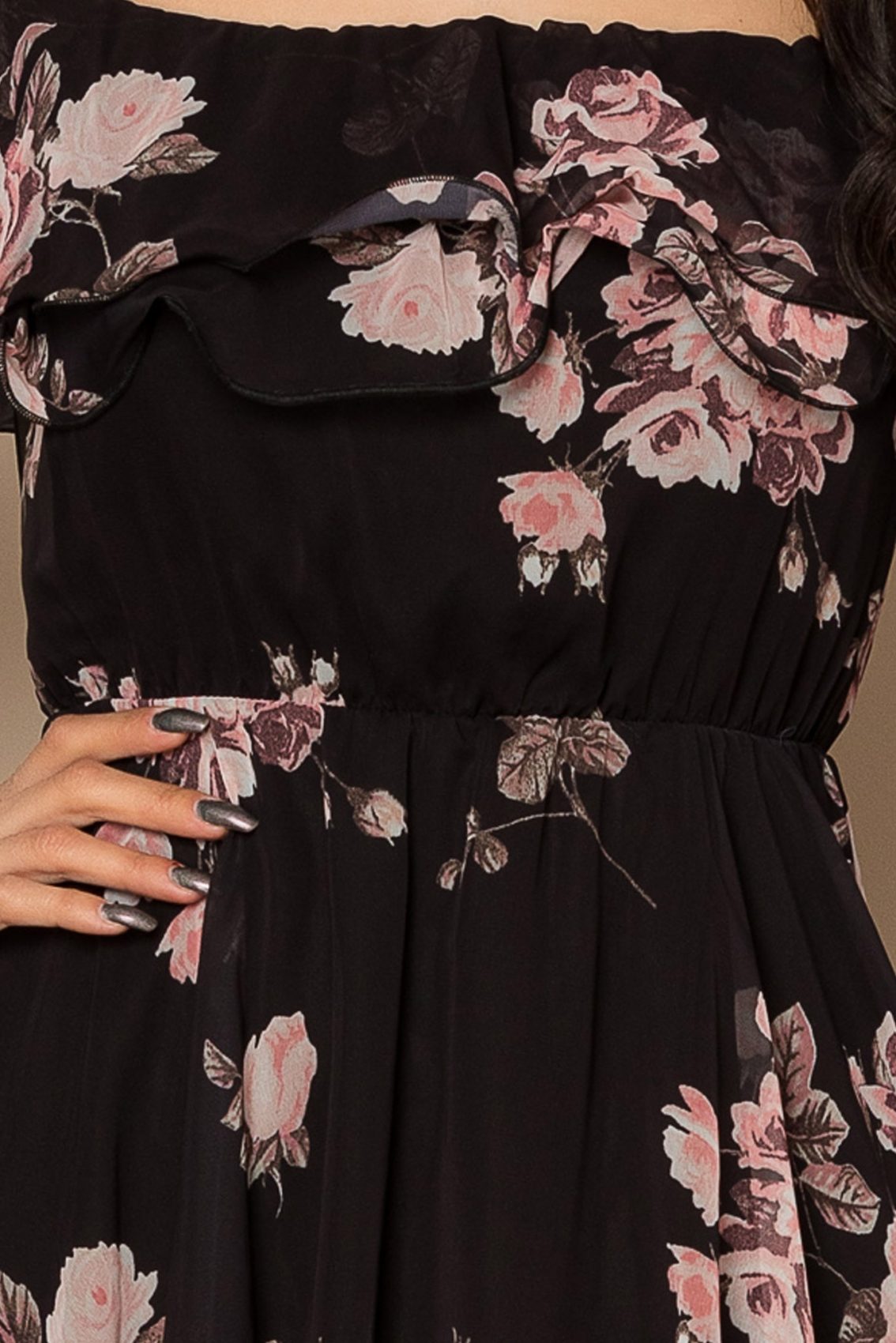 Μαύρο Φλοράλ Μίνι Φόρεμα Με Βολάν Yrene A428 3