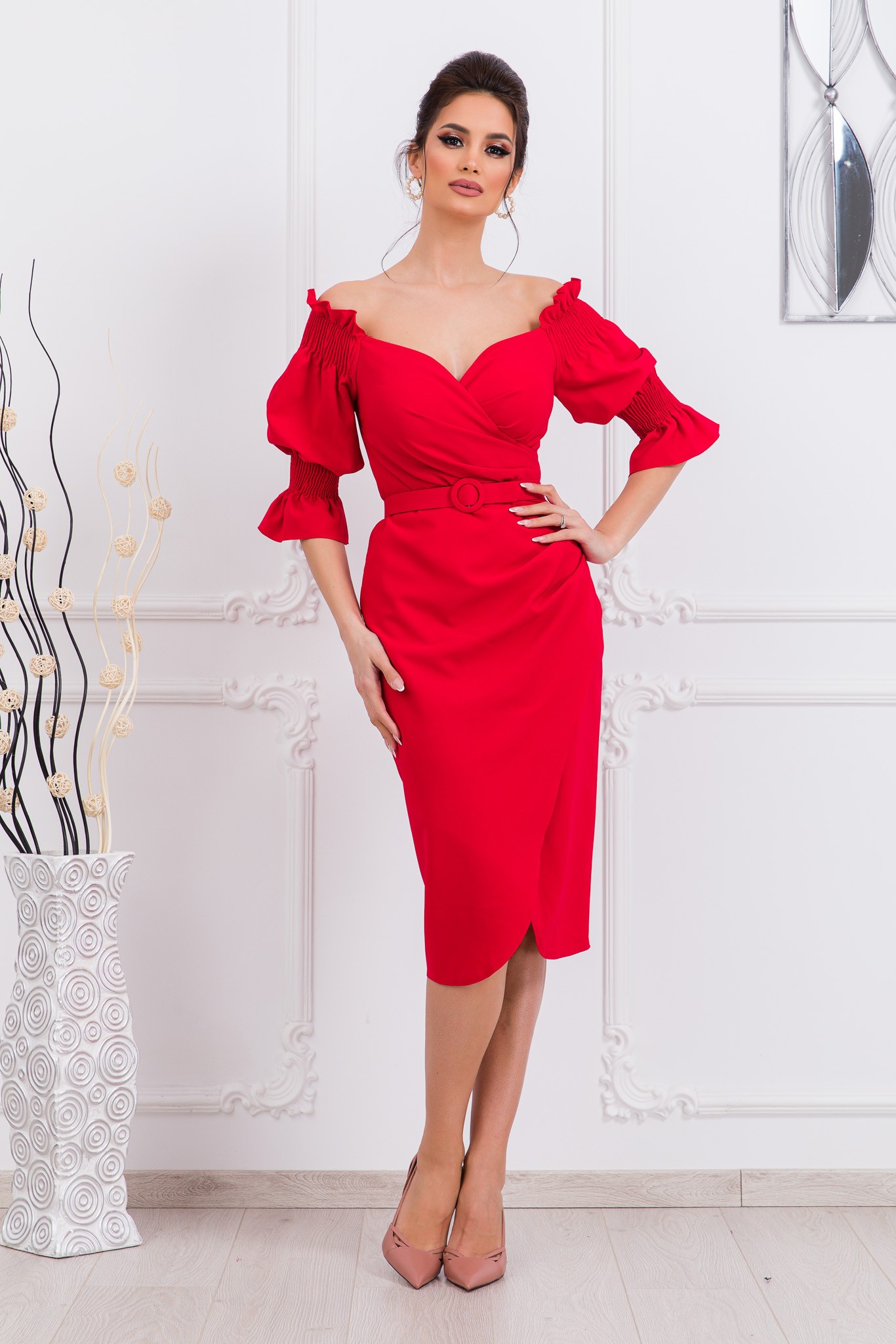 Κόκκινο Μίντι Κρουαζέ Φόρεμα Sofi T5008 1