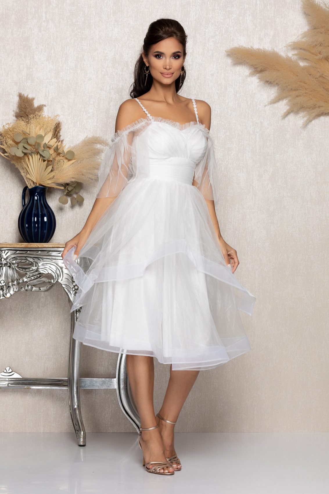 Λευκό Μίντι Αμπιγιέ Κλος Φόρεμα Rossana A1010 1