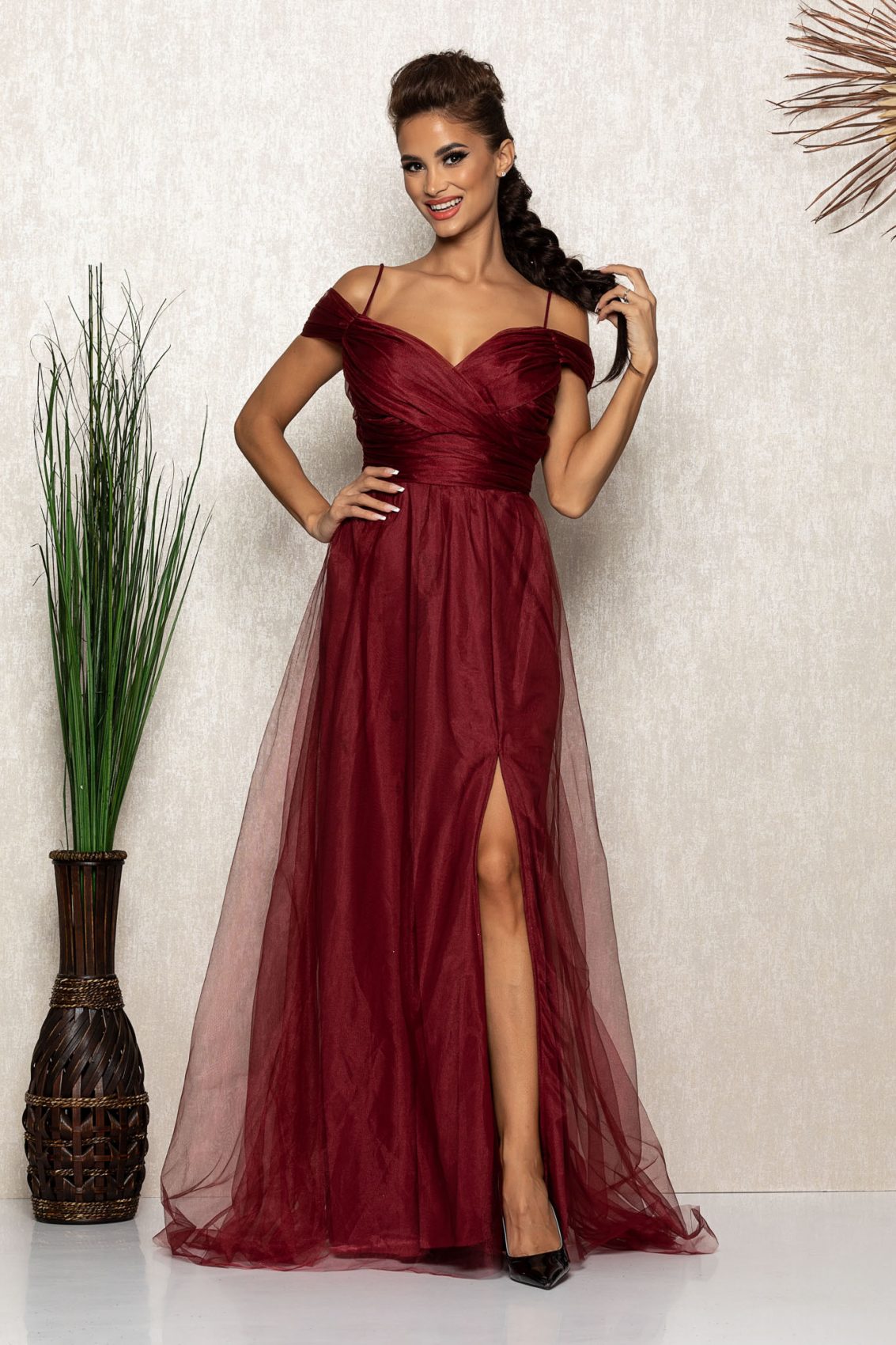 Μπορντό Μάξι Βραδινό Φόρεμα Celebre B631 1