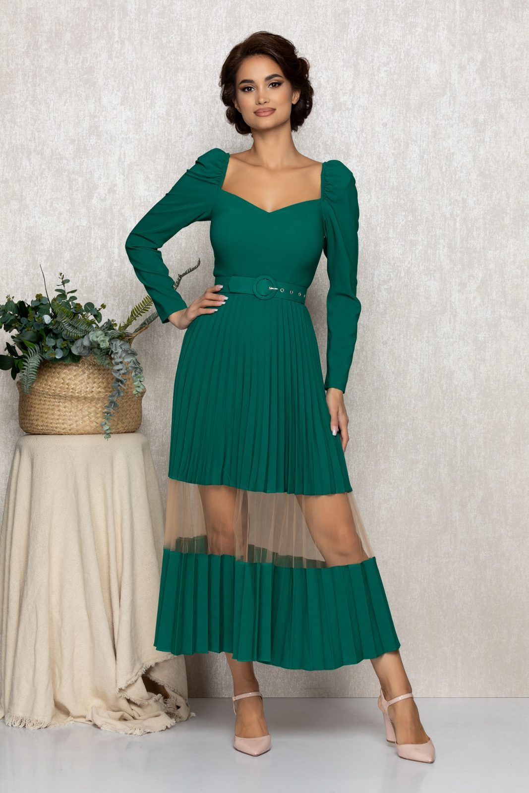 Πράσινο Μίντι Βραδινό Φόρεμα Herra T156 1