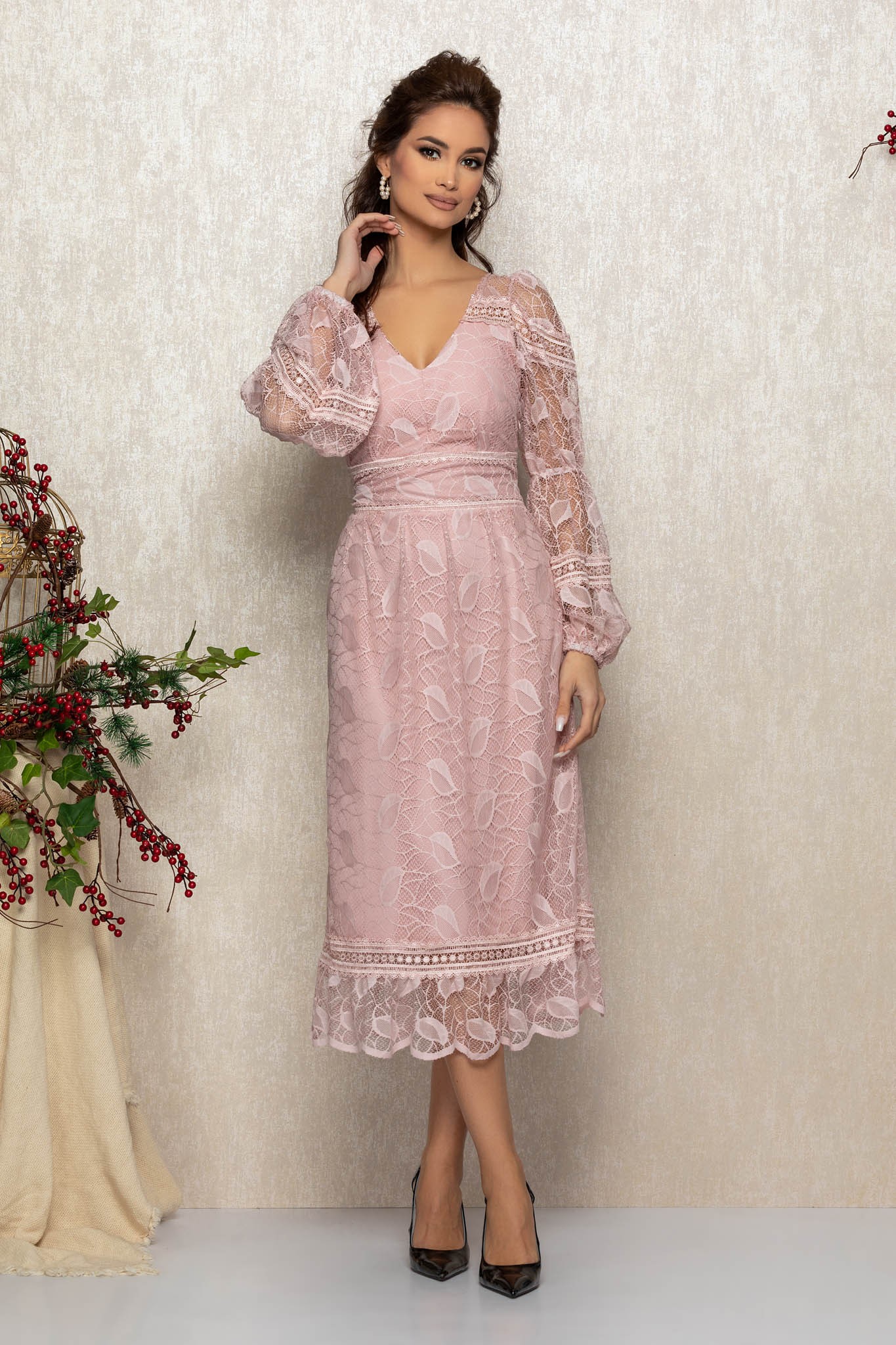 Ροζ Μίντι Αμπιγιέ Φόρεμα Από Δαντέλα Shanya T657 1
