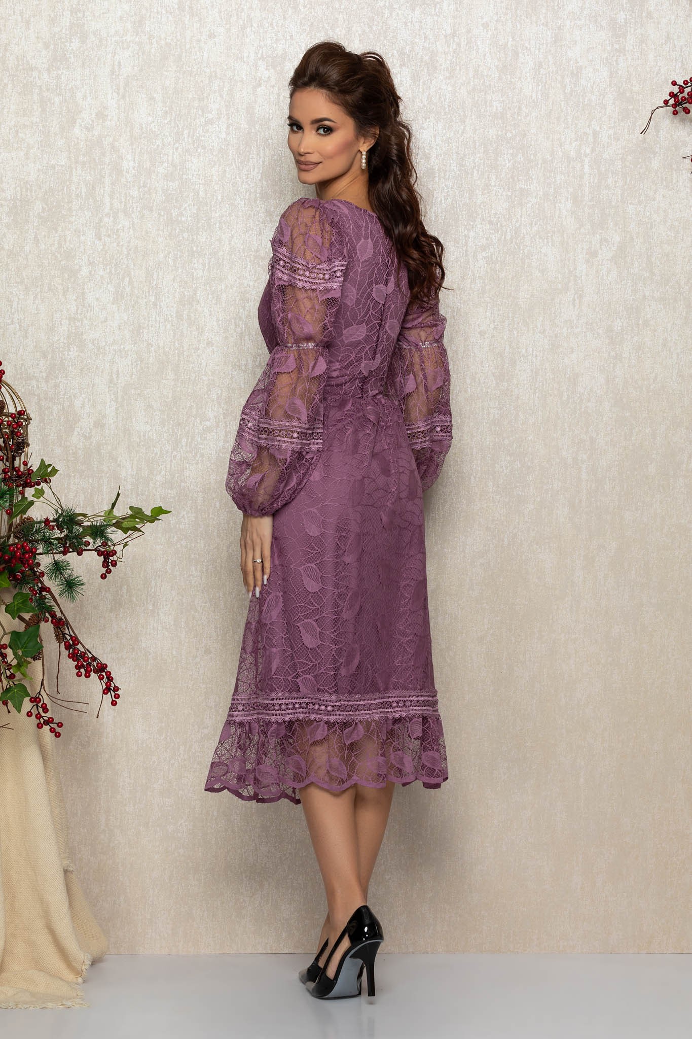 Λιλά Μίντι Αμπιγιέ Φόρεμα Από Δαντέλα Shanya T656 2