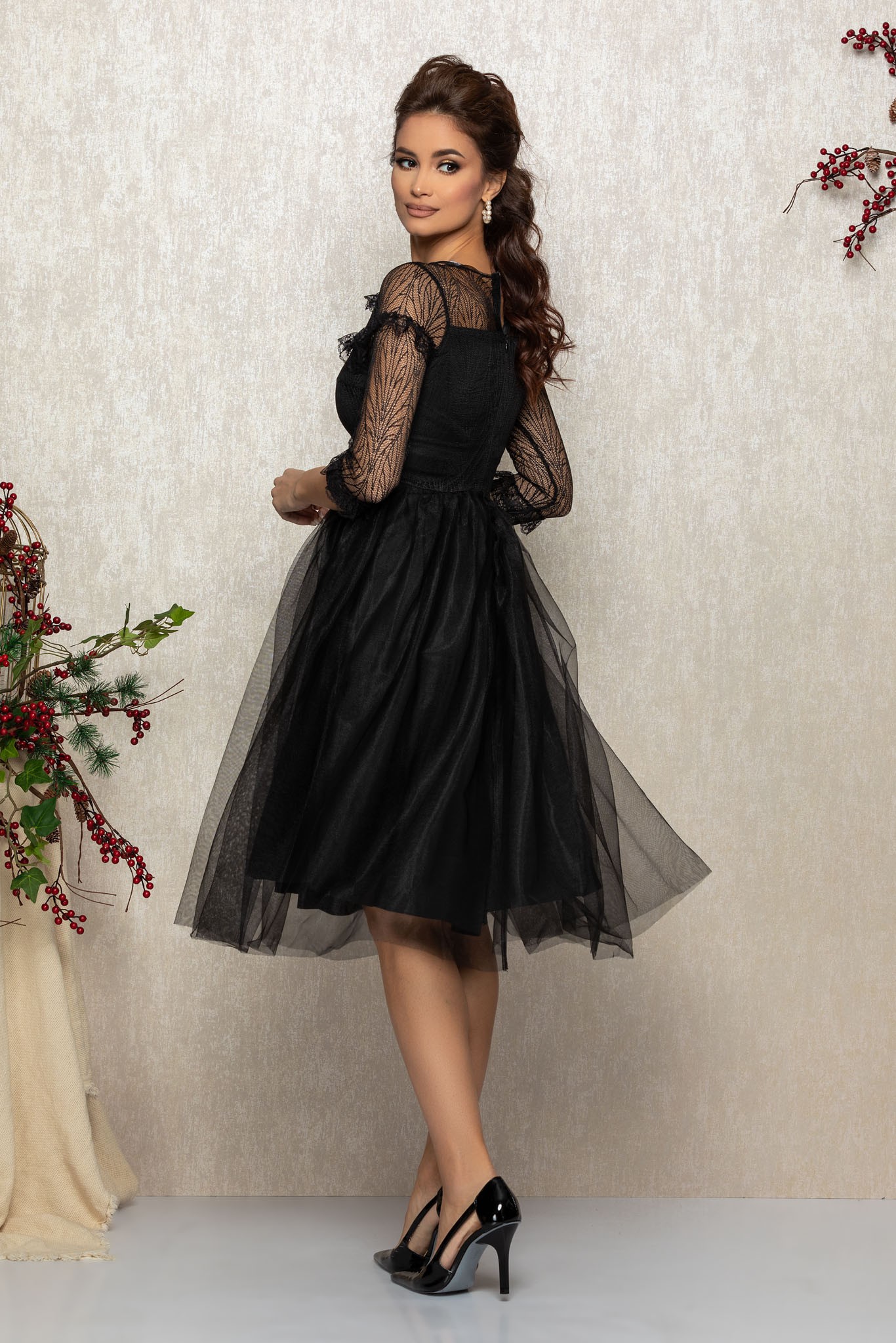 Μαύρο Μίντι Αμπιγιέ Φόρεμα Με Δαντέλα Cameea T652 2