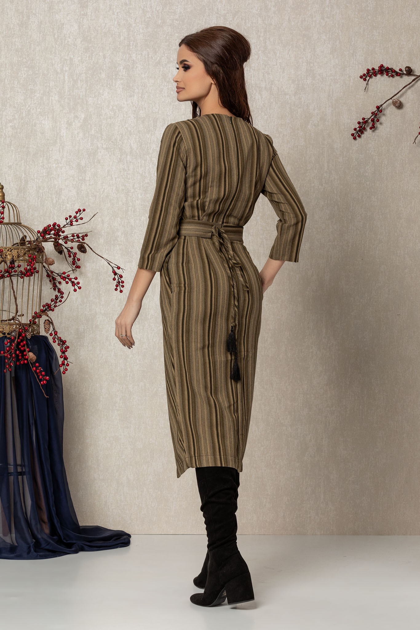 Χακί Μίντι Καθημερινό Φόρεμα Από Βελούδο Ellinor T820 2