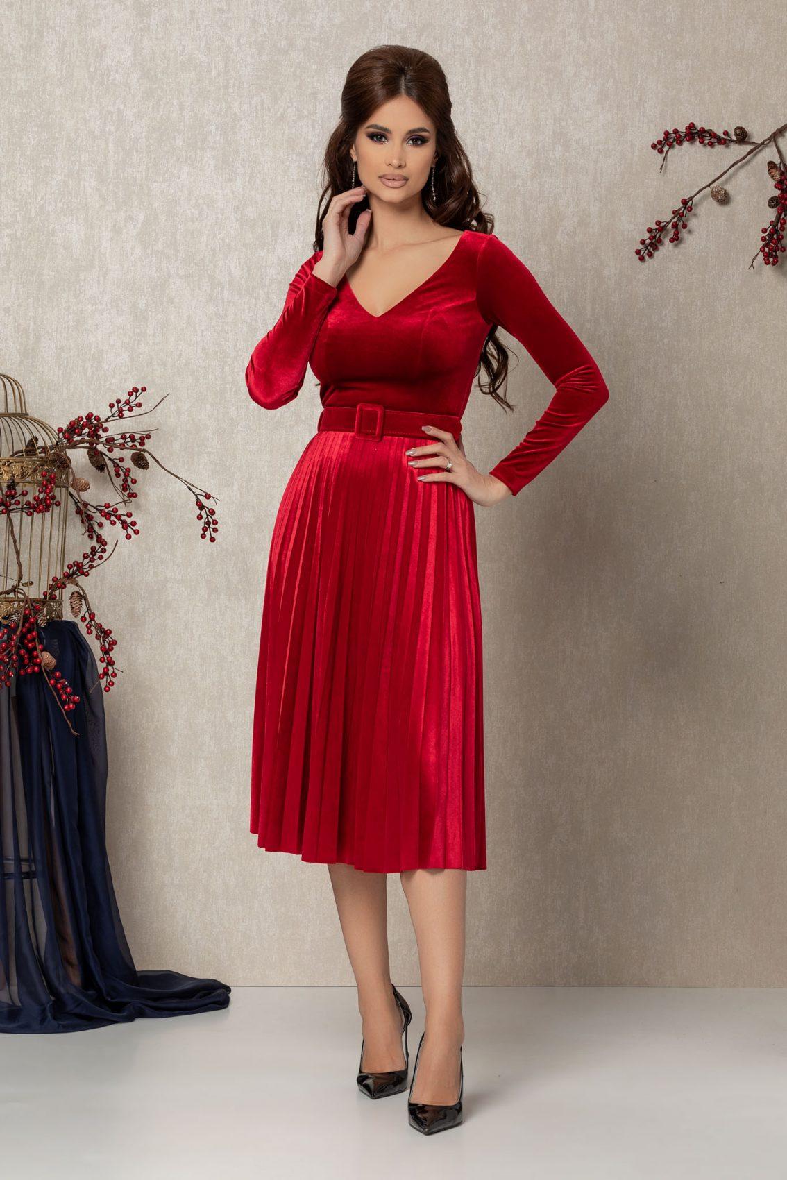 Κόκκινο Μίντι Πλισέ Μακρυμάνικο Φόρεμα Evya T749 1