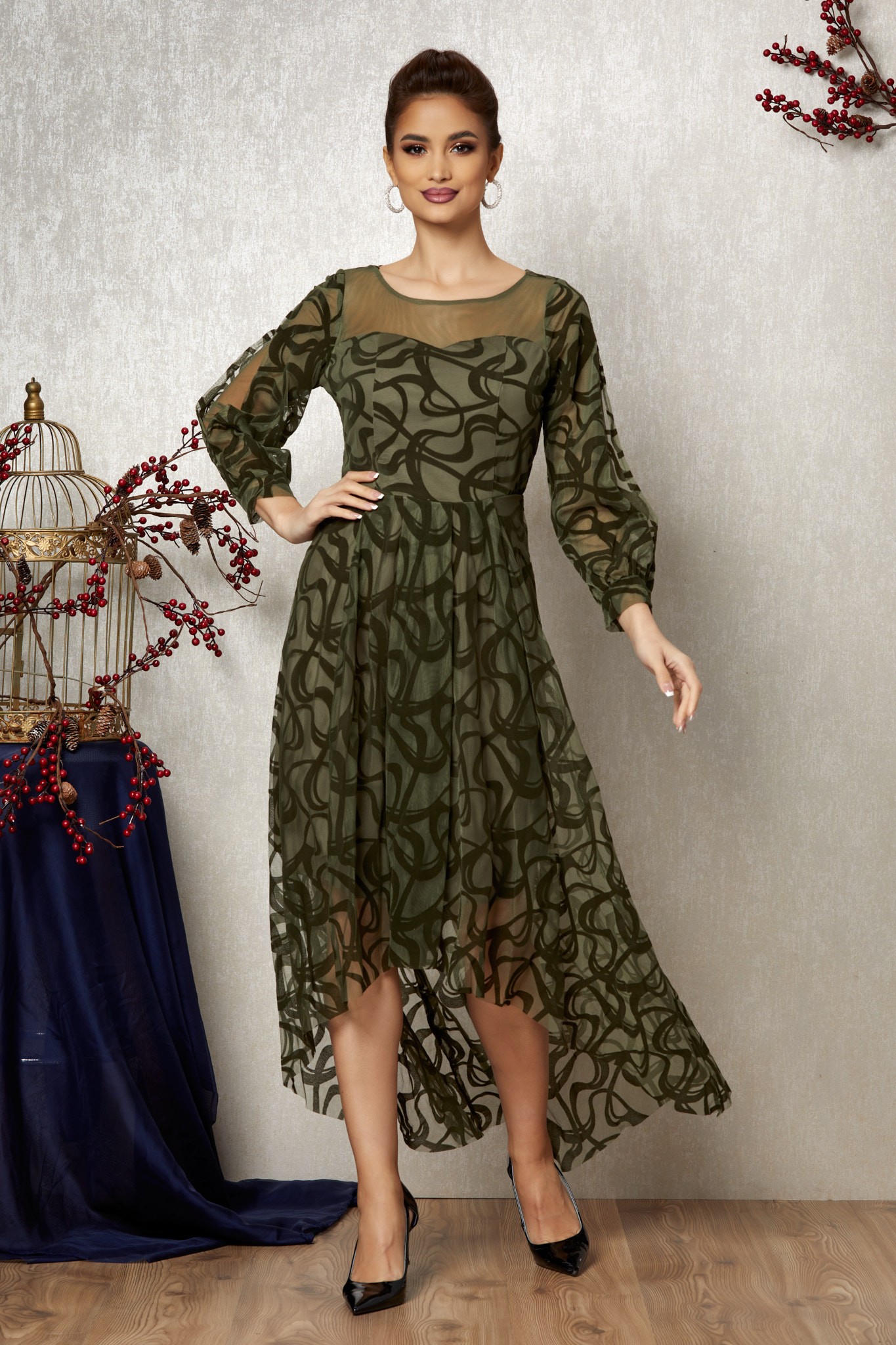 Πράσινο Βραδινό Ασύμμετρο Φόρεμα Με Βελούδο Merrida T1085 1
