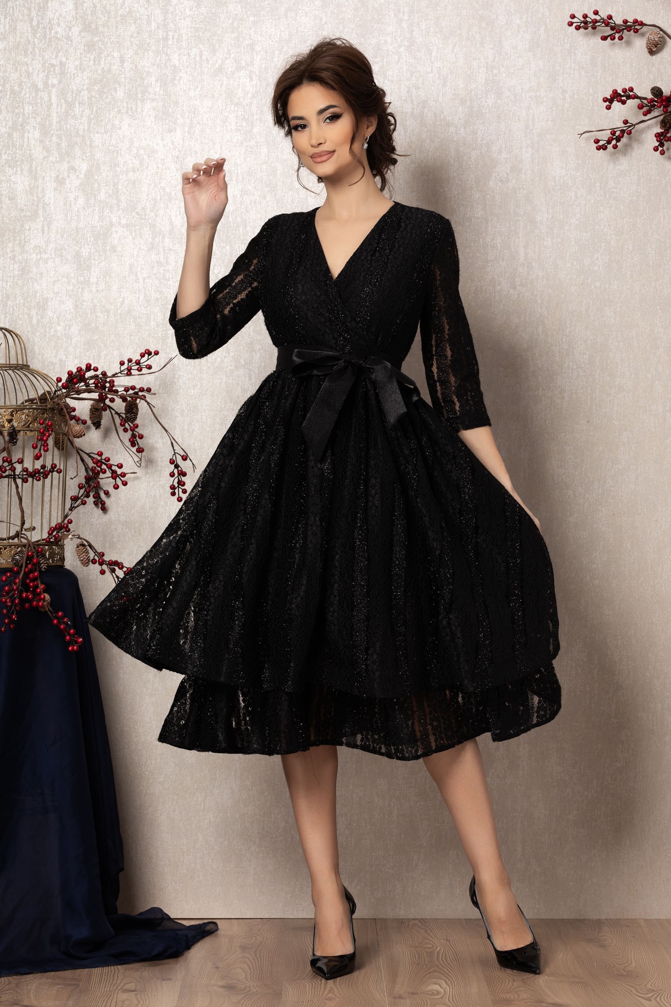 Μαύρο Μίντι Αμπιγιέ Φόρεμα Από Δαντέλα Firenze T1018 1