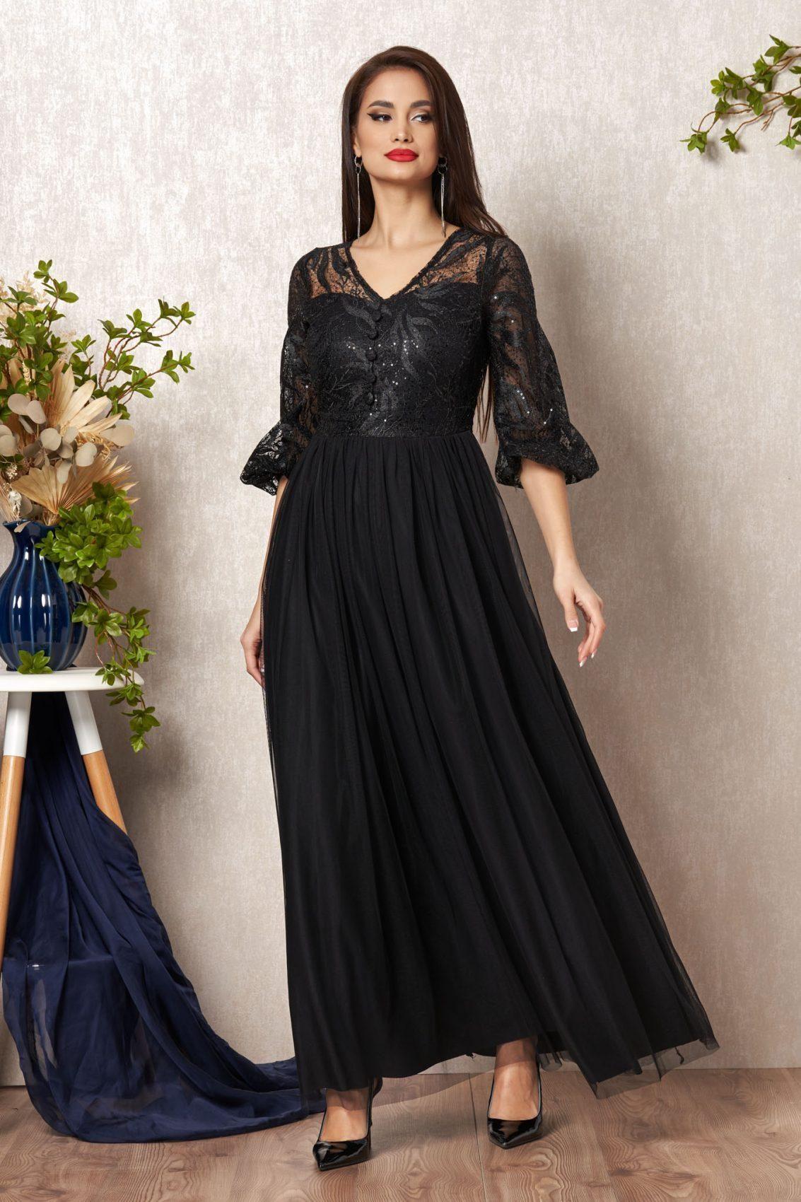 Μαύρο Μάξι Αμπιγιέ Φόρεμα Με Δαντέλα Amore T865 1