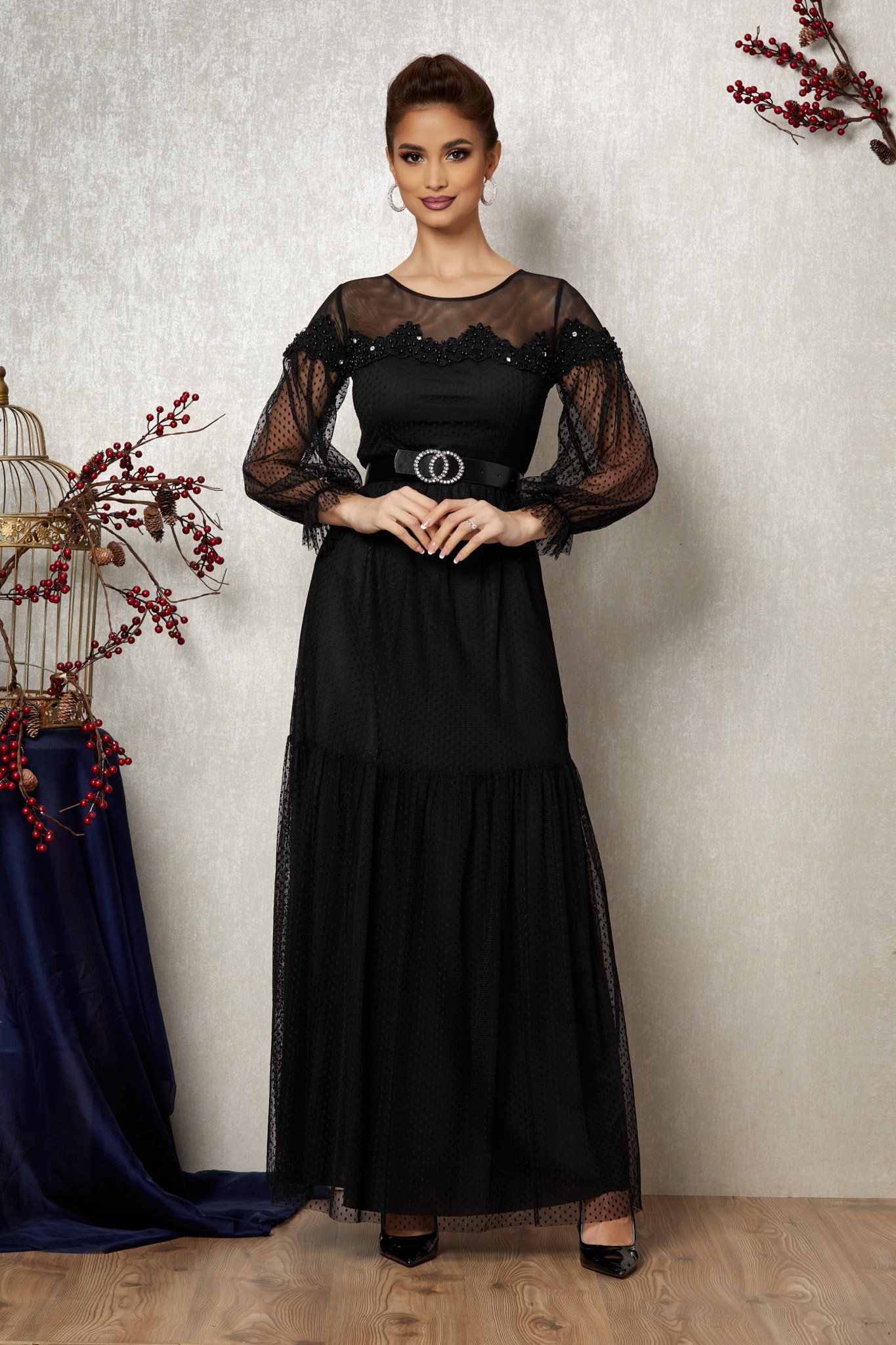 Μαύρο Μάξι Βραδινό Φόρεμα Με Δαντέλα Zamora T1087 1