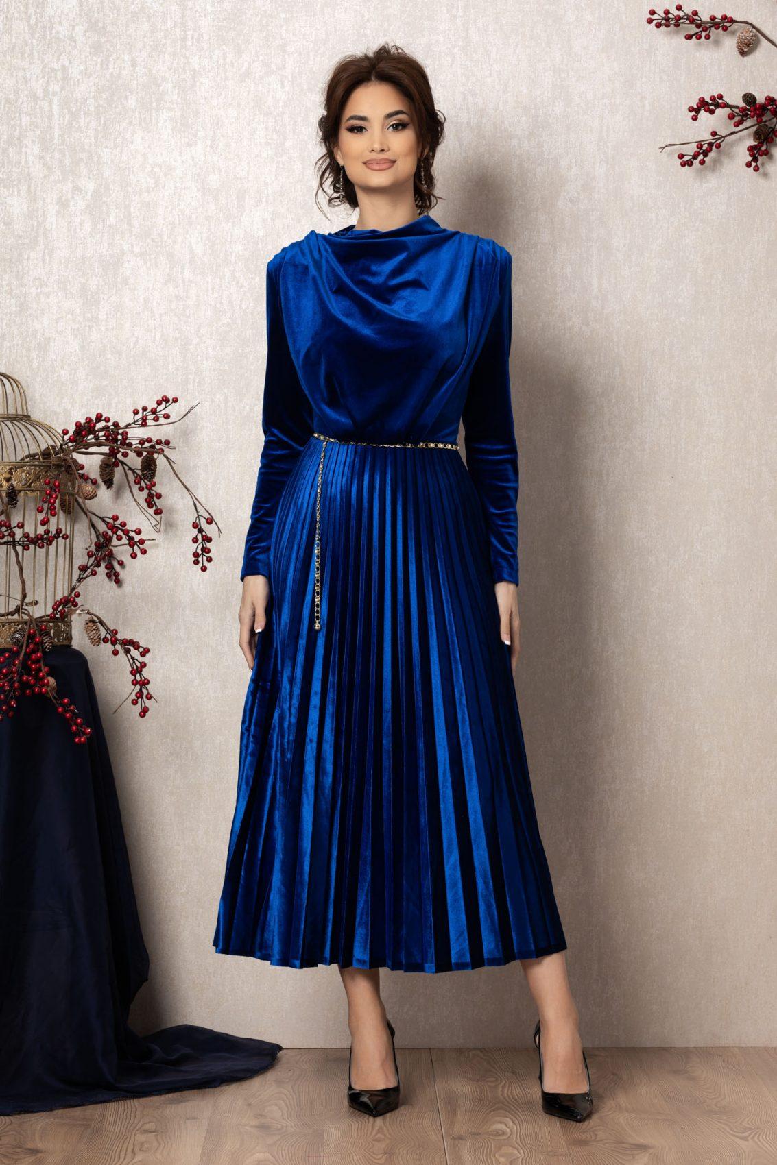 Μπλε Ρουά Μίντι Βραδινό Φόρεμα Από Βελούδο Erika T964 1