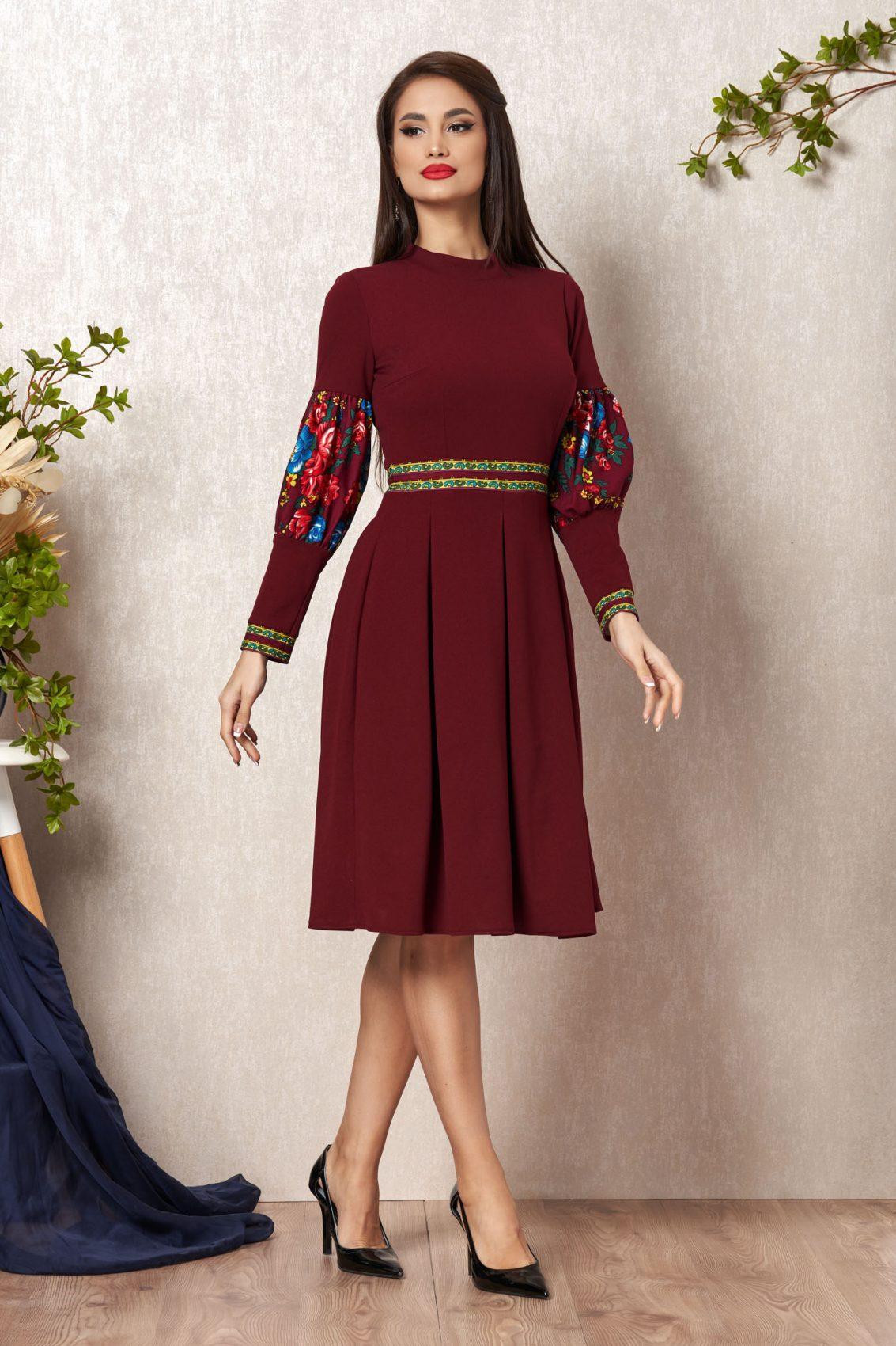 Μπορντό Μίντι Φόρεμα Με Φλοράλ Σχέδιο Nancy T882 1