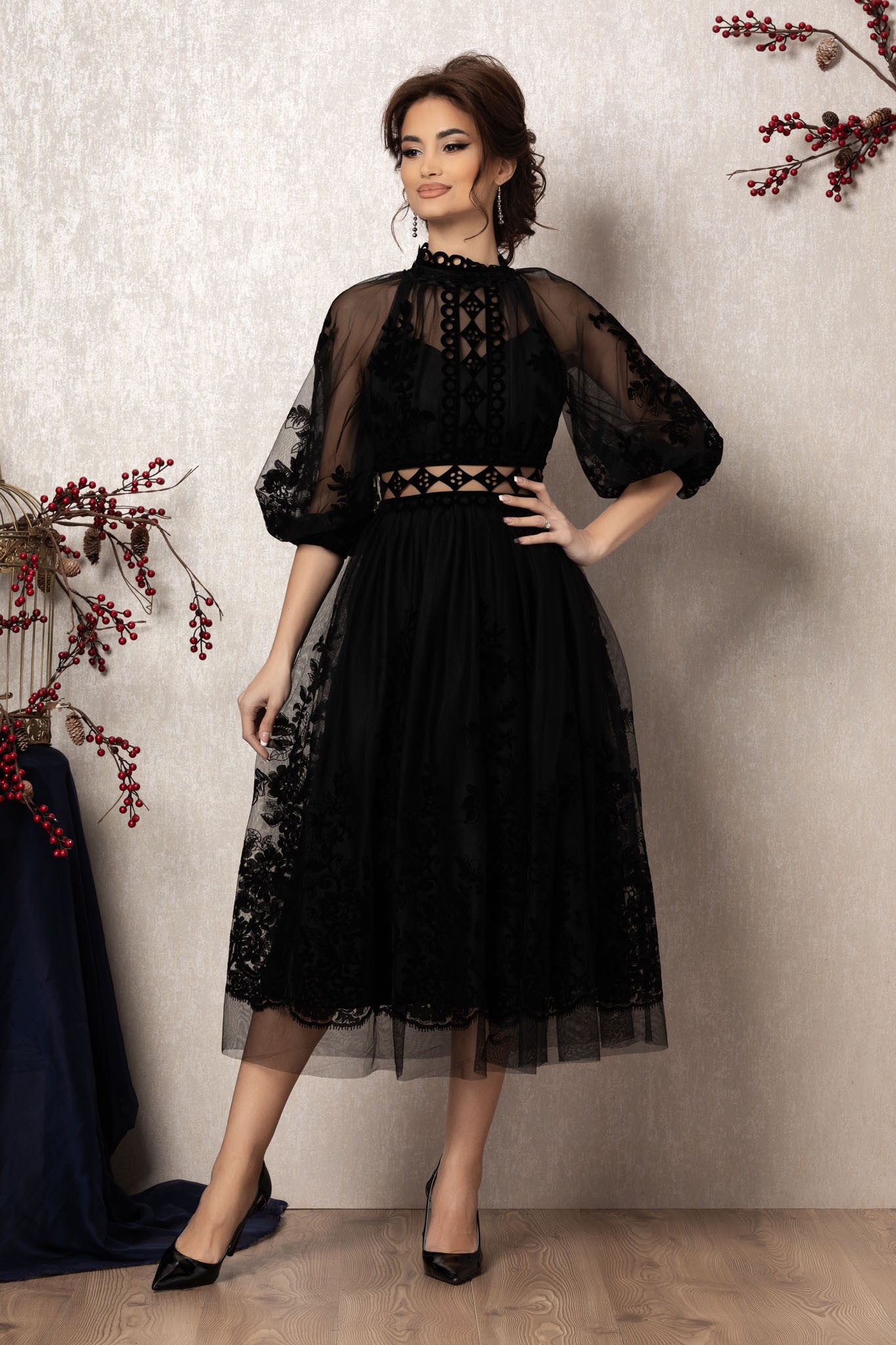 Μαύρο Μίντι Αμπιγιέ Φόρεμα Με Δαντέλα Alessandria T1016 1
