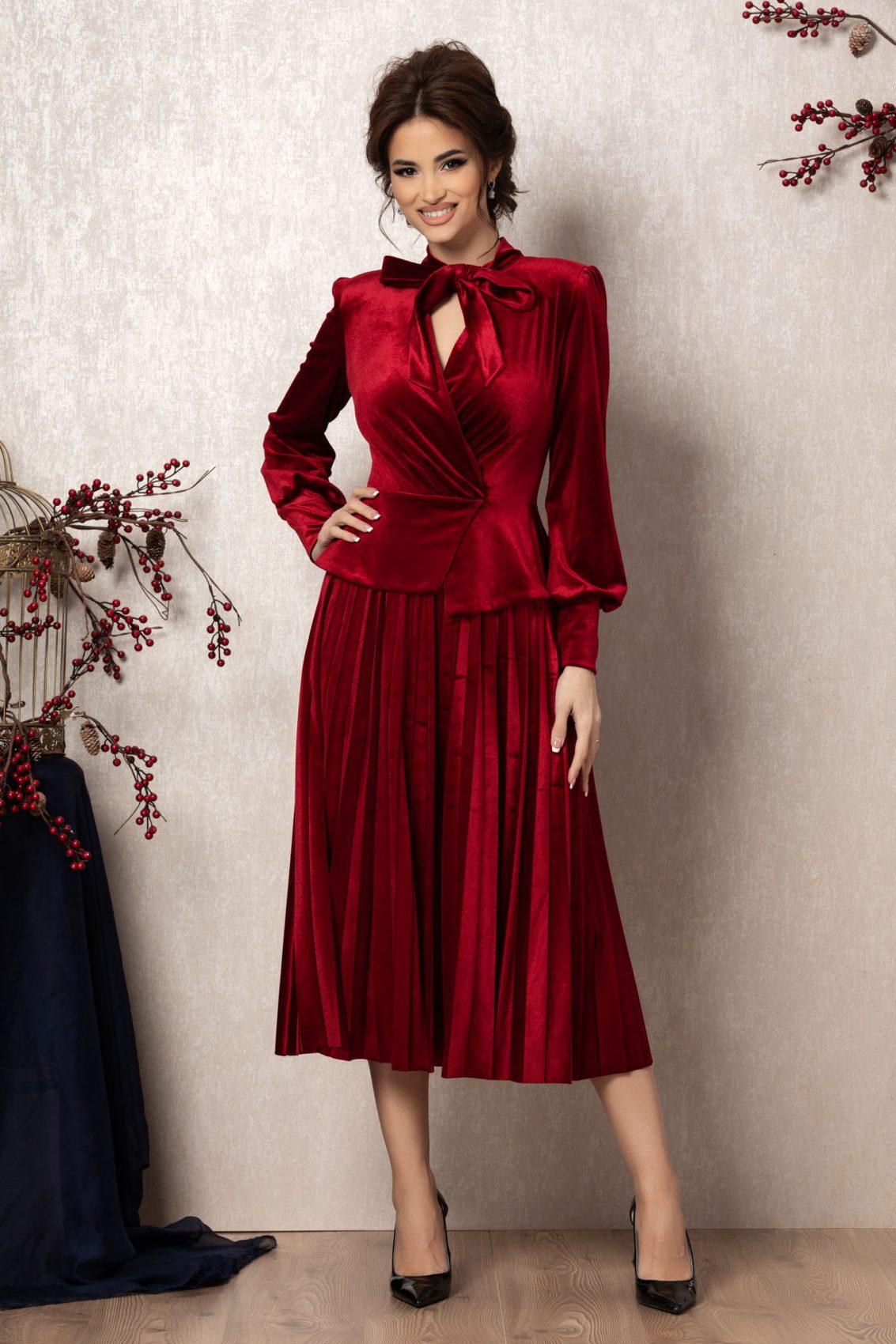 Κόκκινο Μίντι Βραδινό Φόρεμα Από Βελούδο Olya T949 1