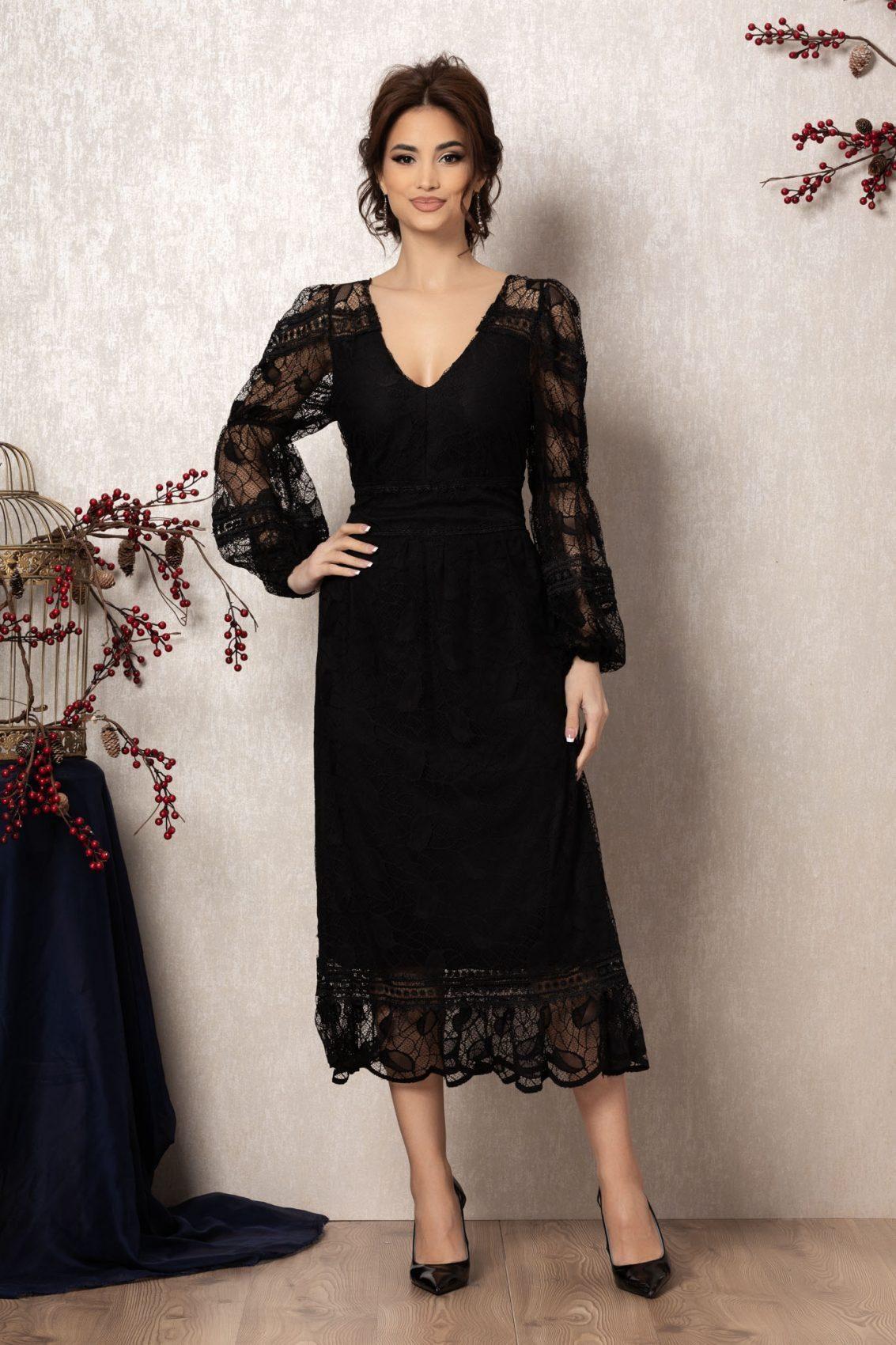 Μαύρο Μίντι Αμπιγιέ Φόρεμα Από Δαντέλα Shanya T934 1