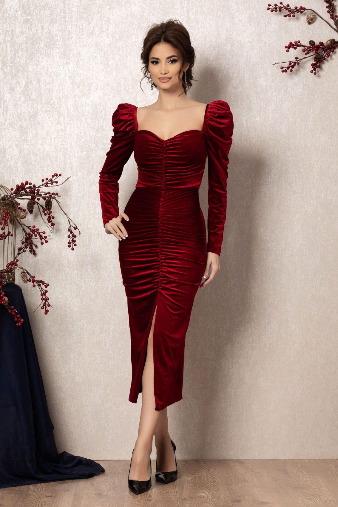 Κόκκινο Μίντι Αμπιγιέ Φόρεμα Από Βελούδο Ximena T946 1
