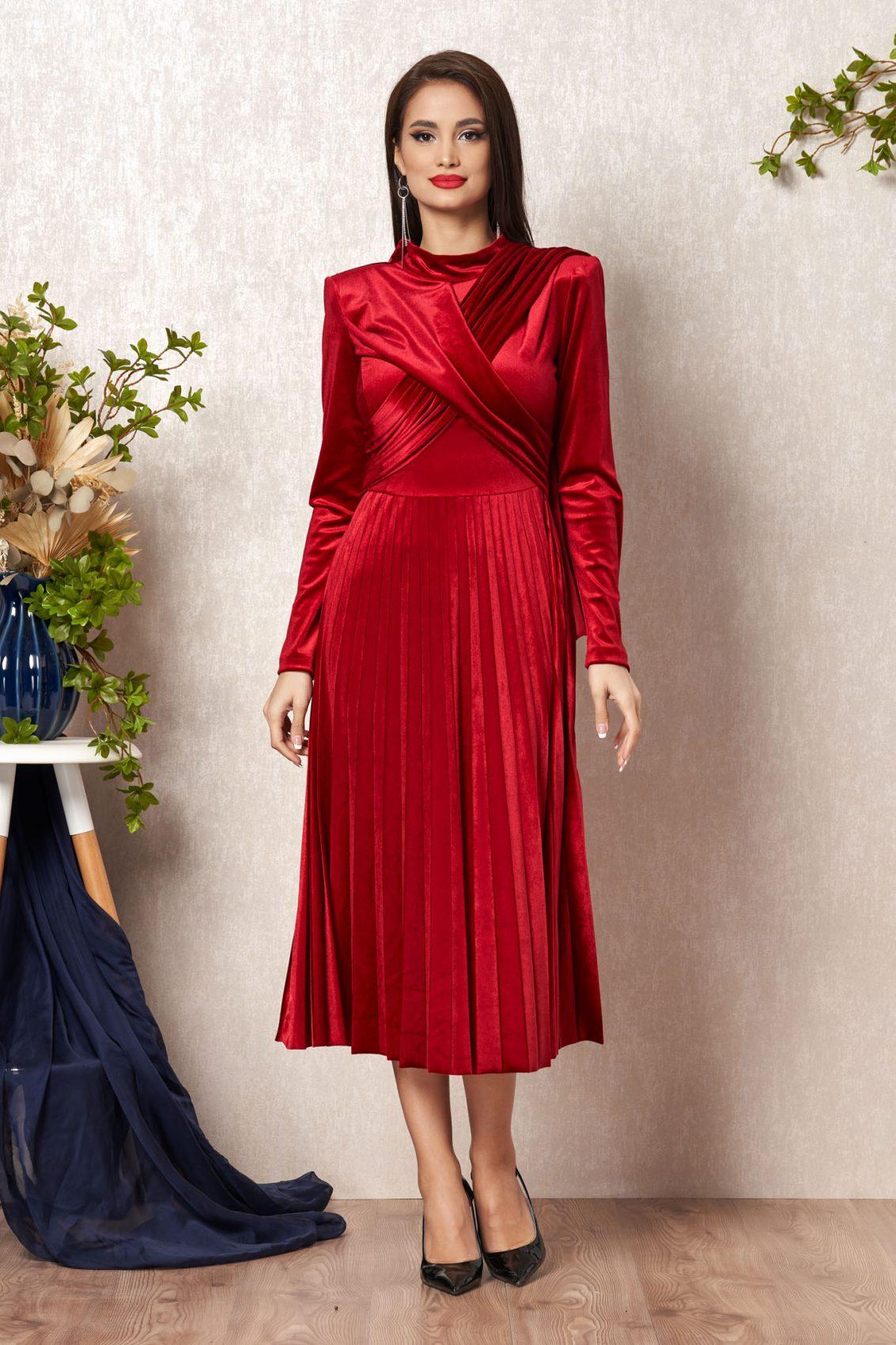 Κόκκινο Μίντι Βραδινό Φόρεμα Από Βελούδο Danna T899 1