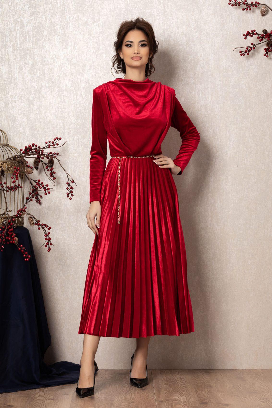 Κόκκινο Μίντι Βραδινό Φόρεμα Από Βελούδο Erika T963 1