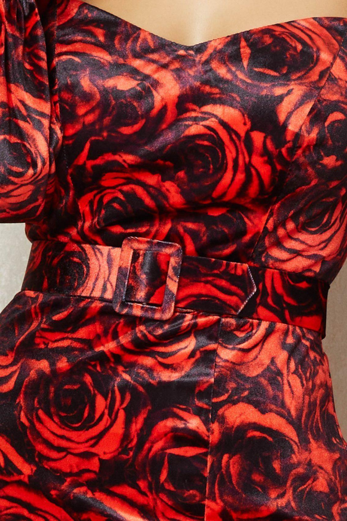 Κόκκινο Φλοράλ Μίντι Βραδινό Φόρεμα Από Βελούδο Caprice T1285 3