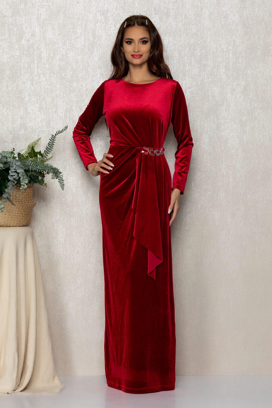Κόκκινο Μάξι Αμπιγιέ Φόρεμα Από Βελούδο Kadence T1226 1