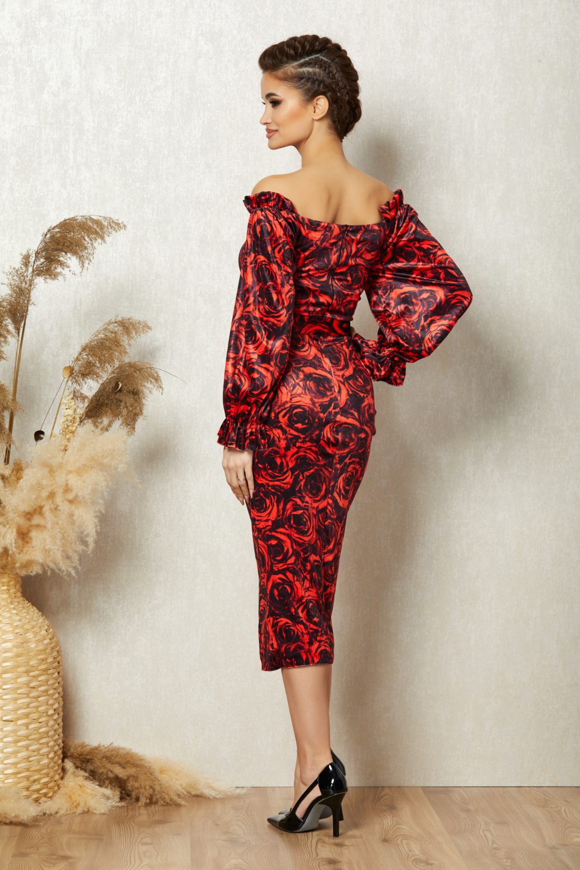 Κόκκινο Φλοράλ Μίντι Βραδινό Φόρεμα Από Βελούδο Caprice T1285 2