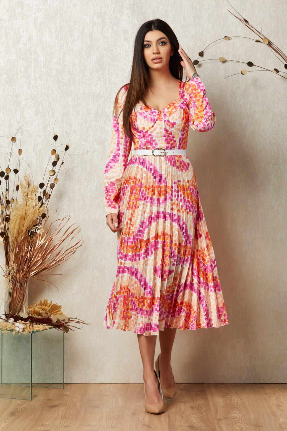Ροζ Εμπριμέ Σατέν Μίντι Βραδινό Φόρεμα Selena T1582 1