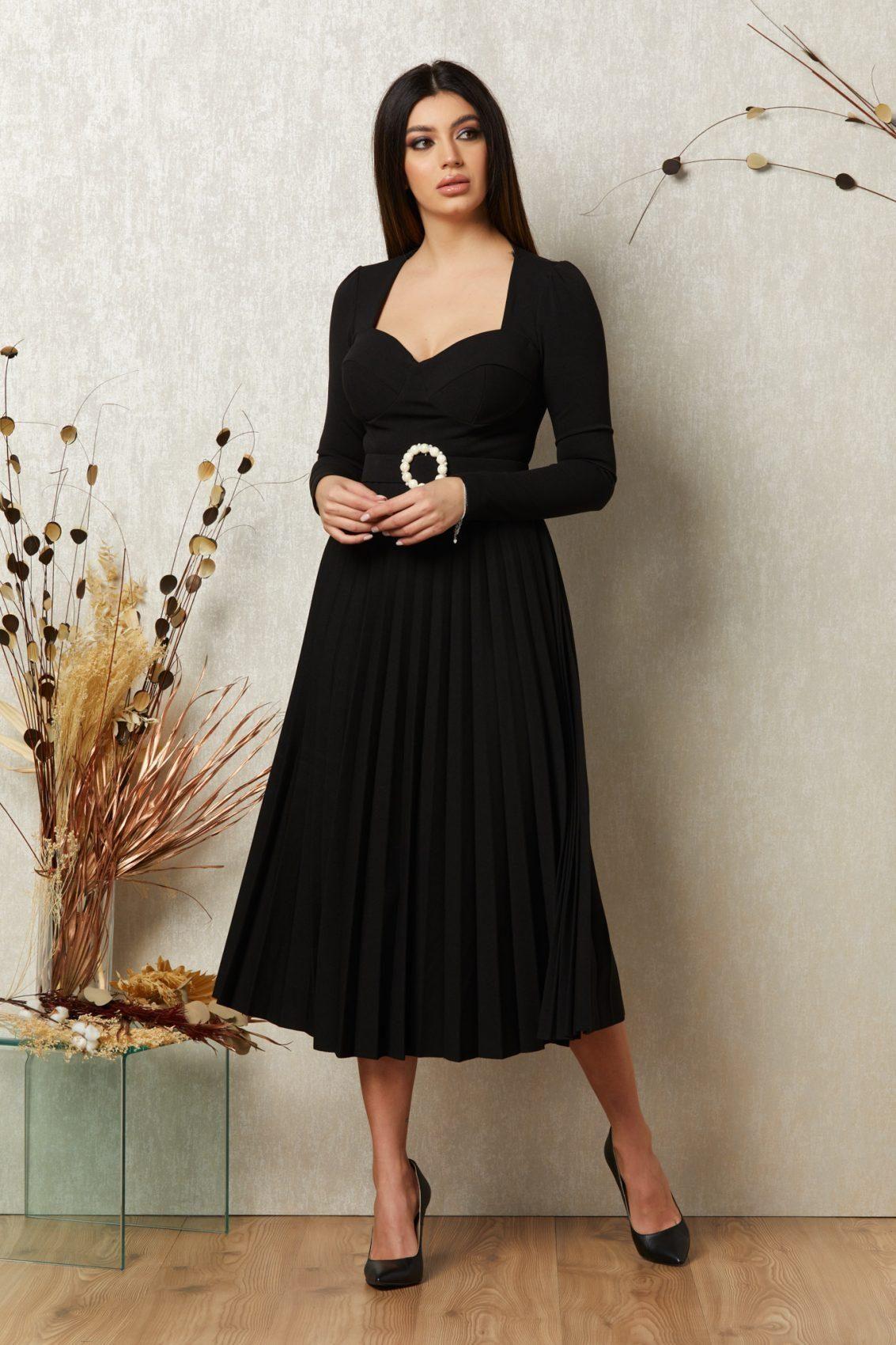 Μαύρο Μίντι Βραδινό Πλισέ Φόρεμα Evelyn T1561 1
