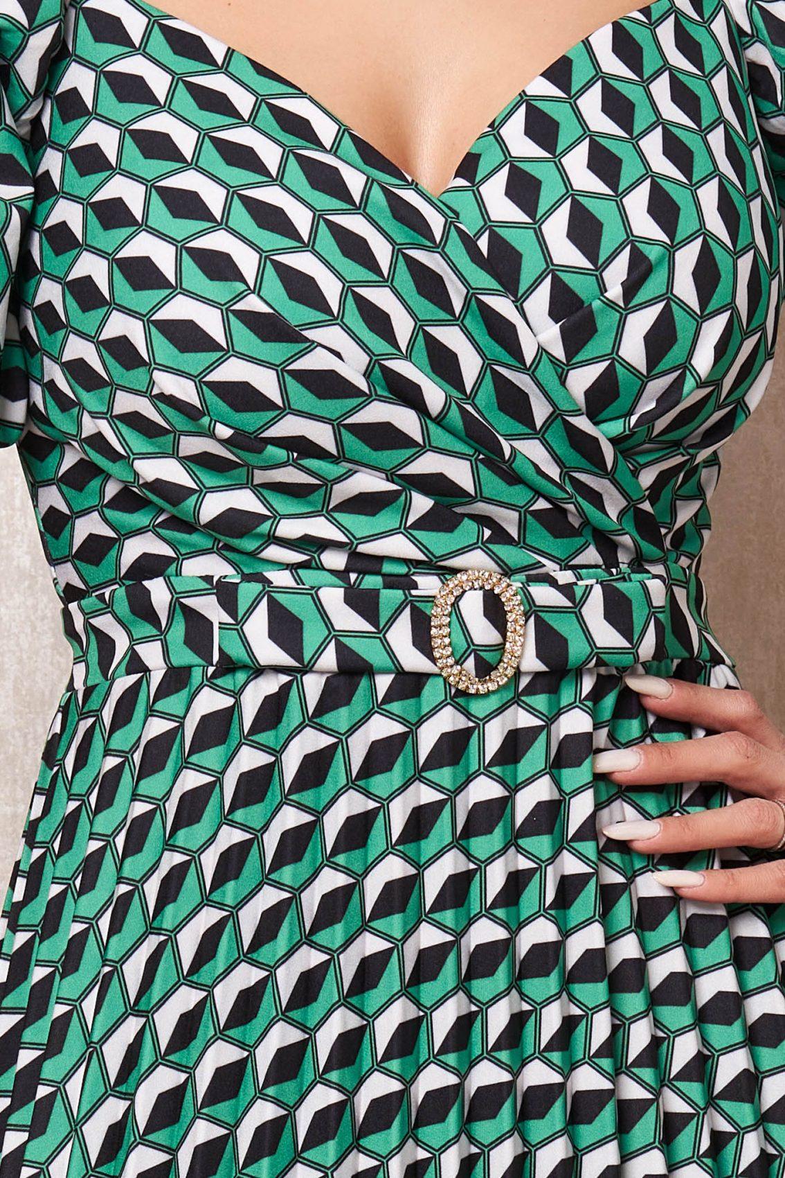 Πράσινο Εμπριμέ Μίντι Βραδινό Φόρεμα Ylda T2324 3