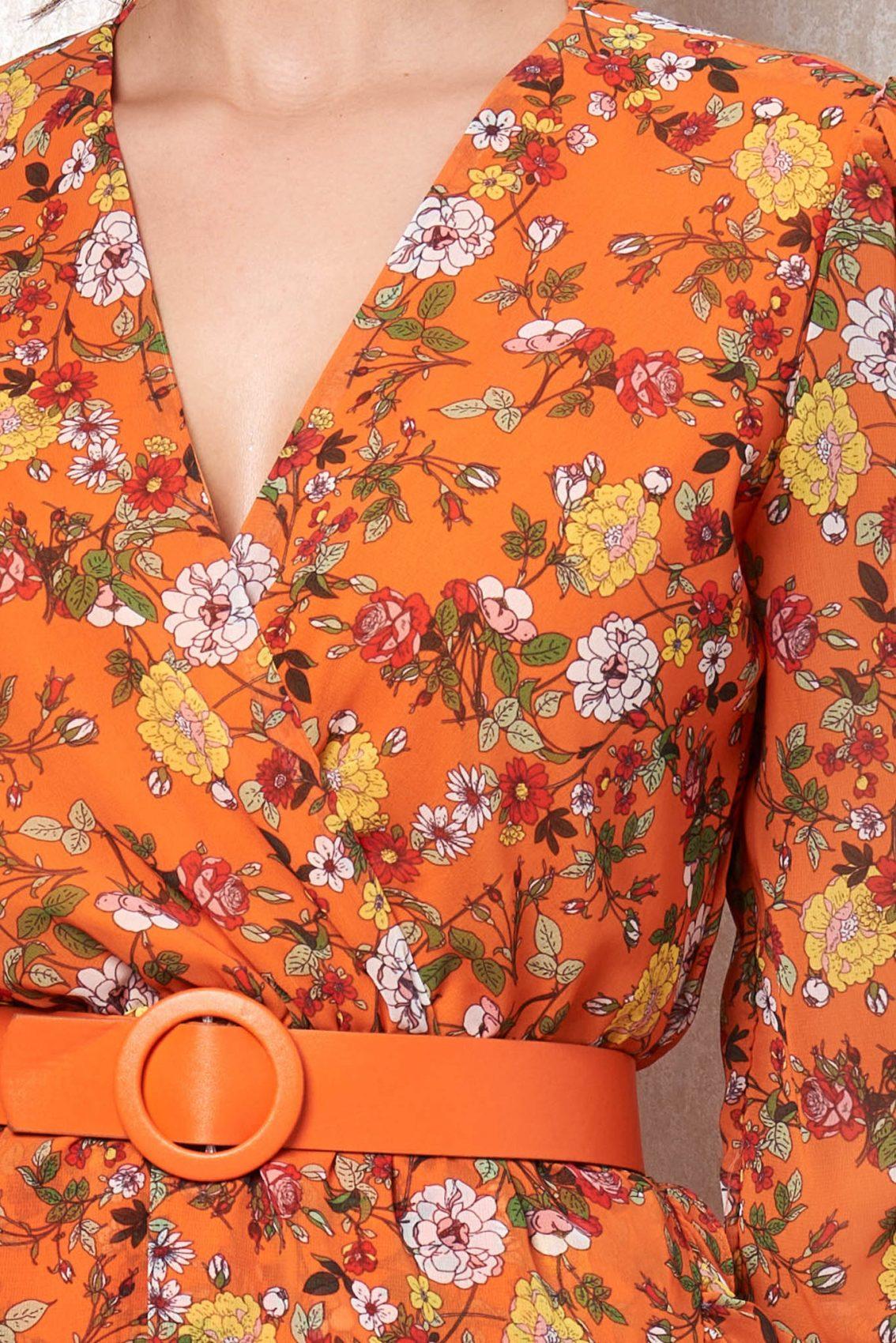 Πορτοκαλί Φλοράλ Φόρεμα Με Βολάν Elda T2330 3