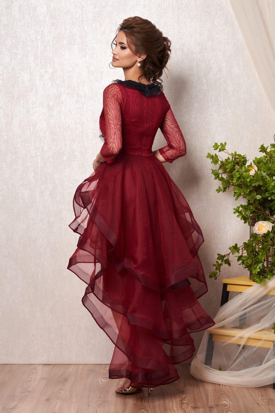 Μπορντό Μίντι Αμπιγιέ Φόρεμα Με Δαντέλα Diora T2247 2