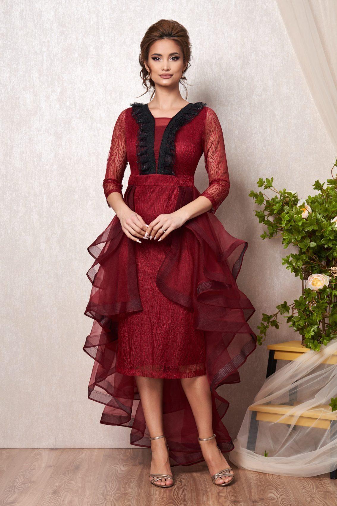 Μπορντό Μίντι Αμπιγιέ Φόρεμα Με Δαντέλα Diora T2247 1