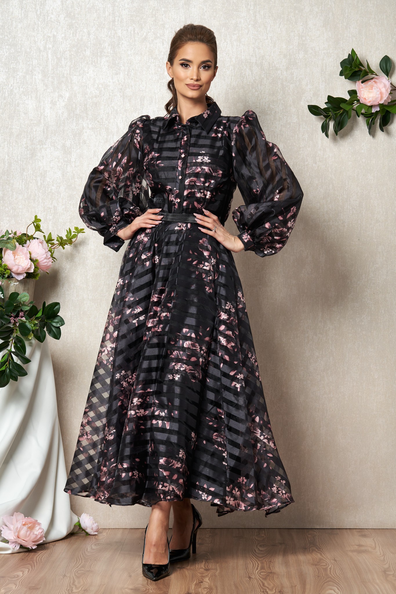 Μαύρο Αμπιγιέ Φόρεμα Με Ροζ Λουλούδια Juliana T1983 1