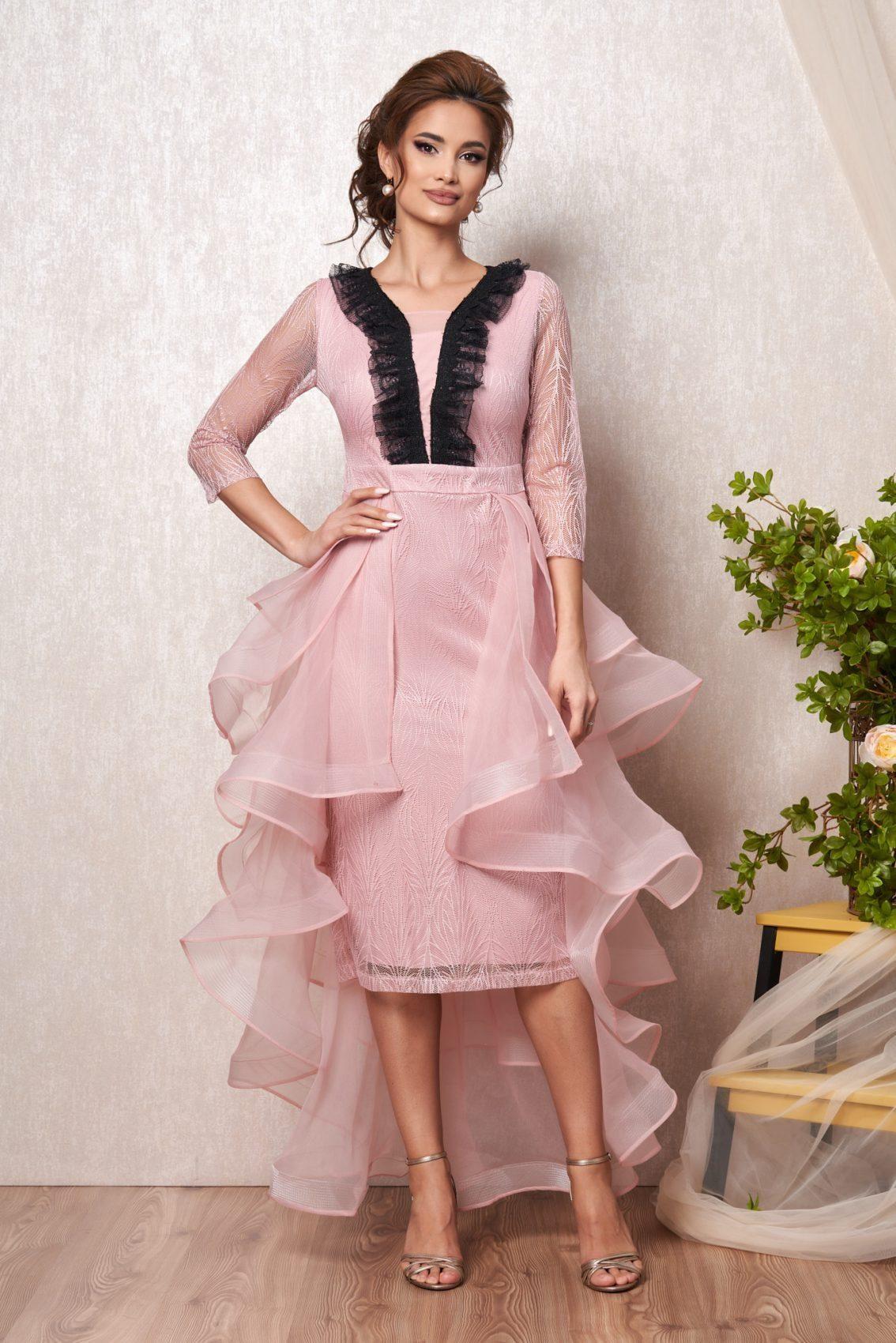 Ροζ Μίντι Αμπιγιέ Φόρεμα Με Δαντέλα Diora T2244 1