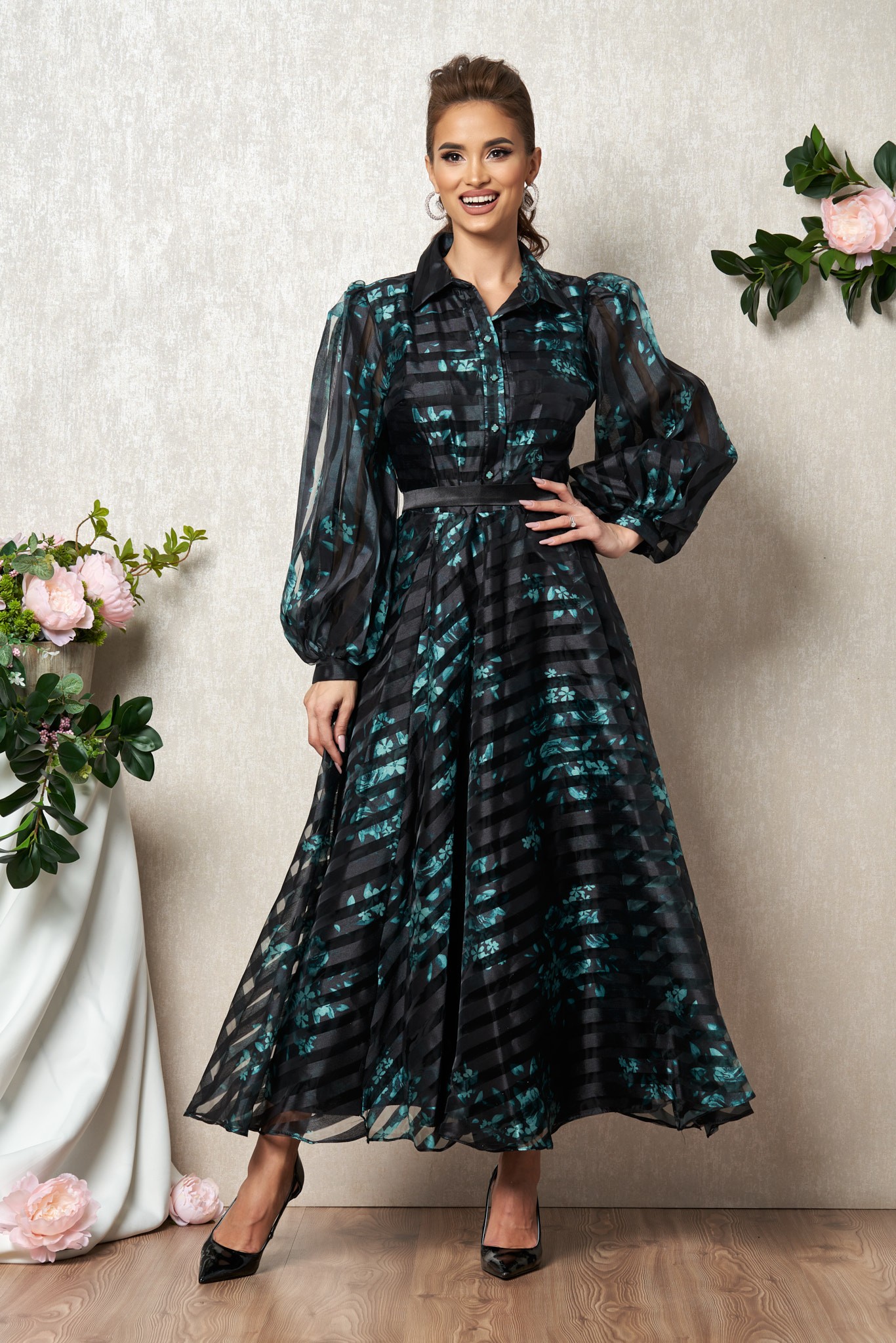 Μαύρο Αμπιγιέ Φόρεμα Με Πράσινα Λουλούδια Juliana T1984 1