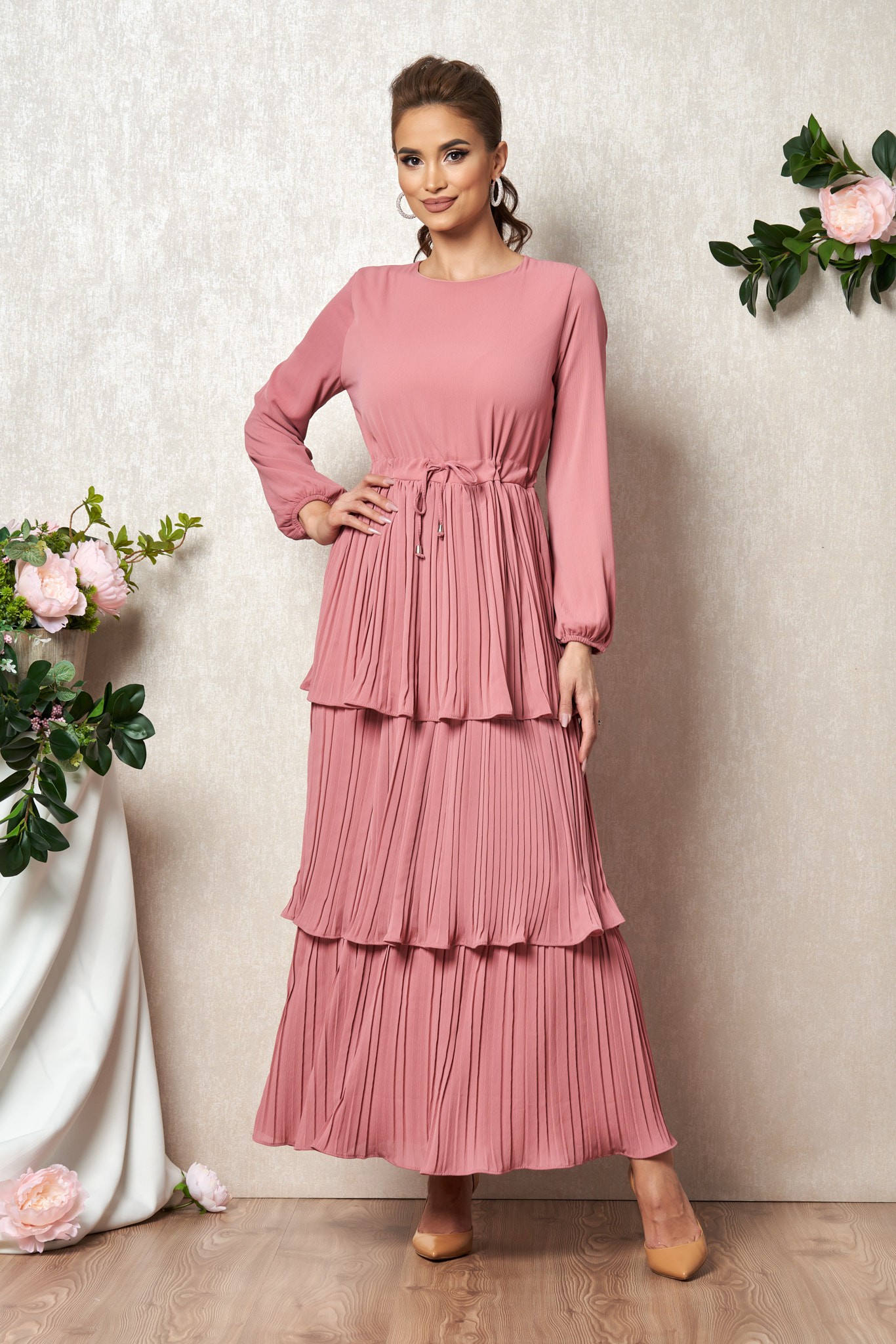 Ροζ Μάξι Βραδινό Πλισέ Φόρεμα Sloan T1949 1