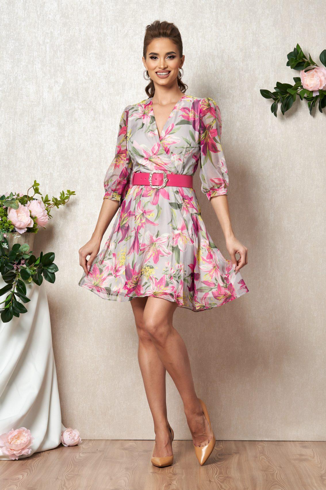 Ροζ Βραδινό Φλοράλ Φόρεμα Από Μουσελίνα Sefora T1918 1