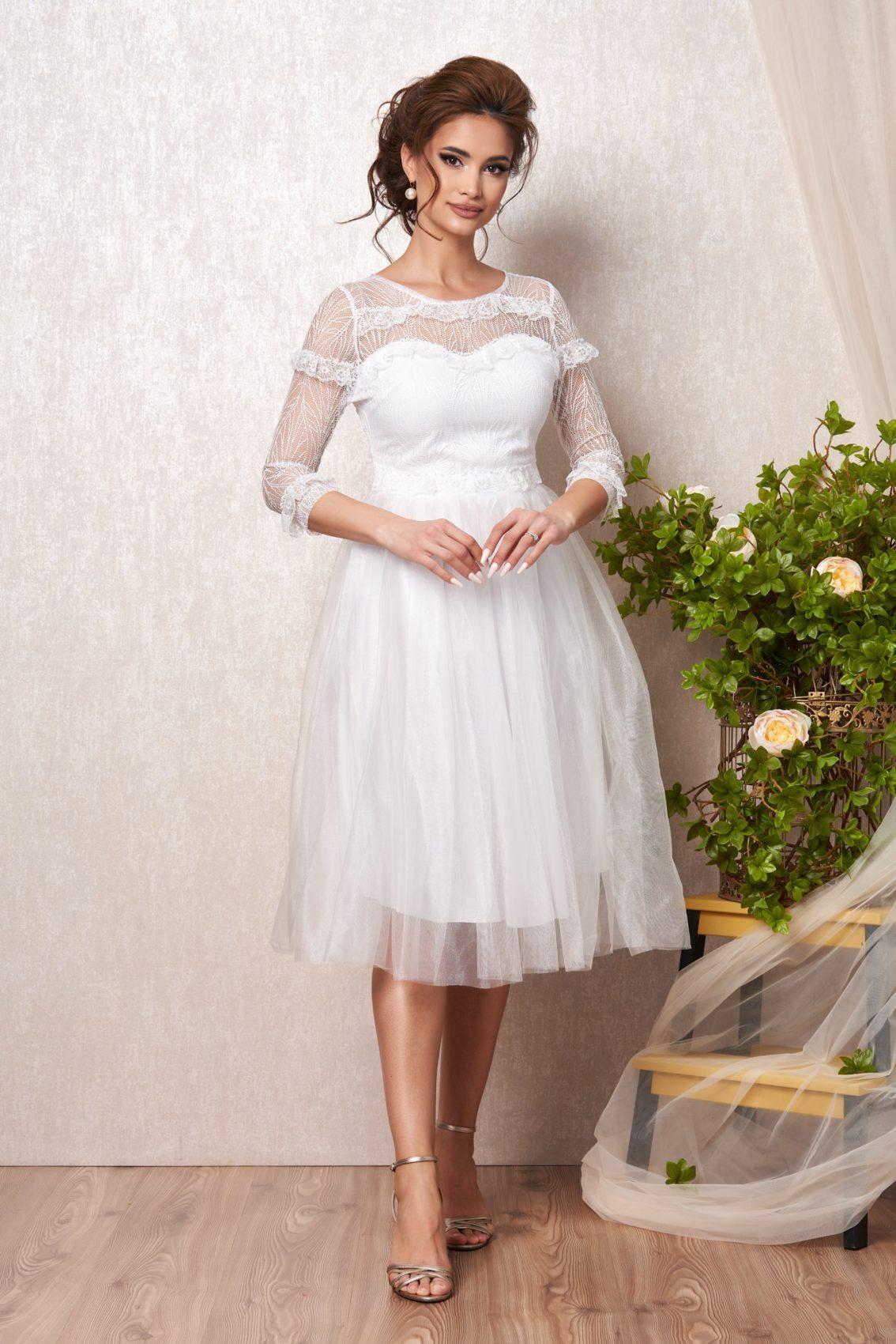 Λευκό Μίντι Αμπιγιέ Φόρεμα Με Δαντέλα Cameea T2238 1
