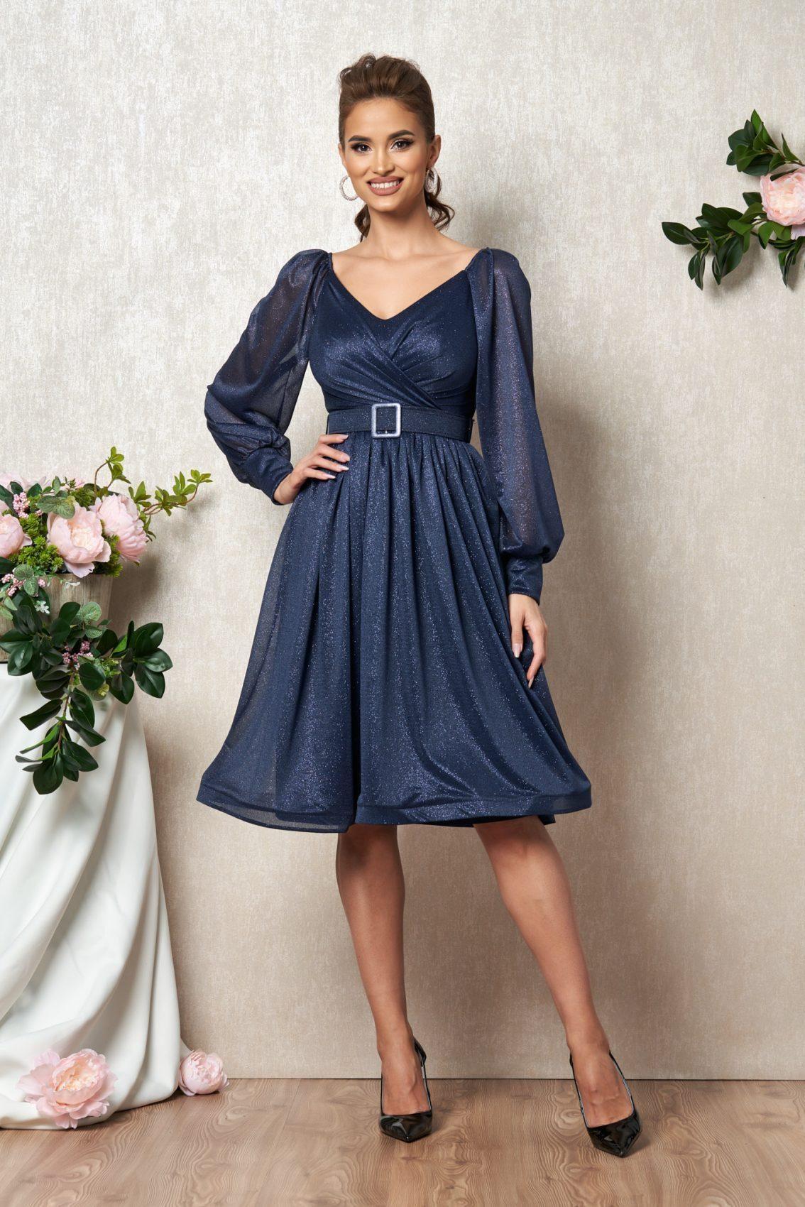 Μπλε Μίντι Αμπιγιέ Μακρυμάνικο Φόρεμα Lucy T1896 1