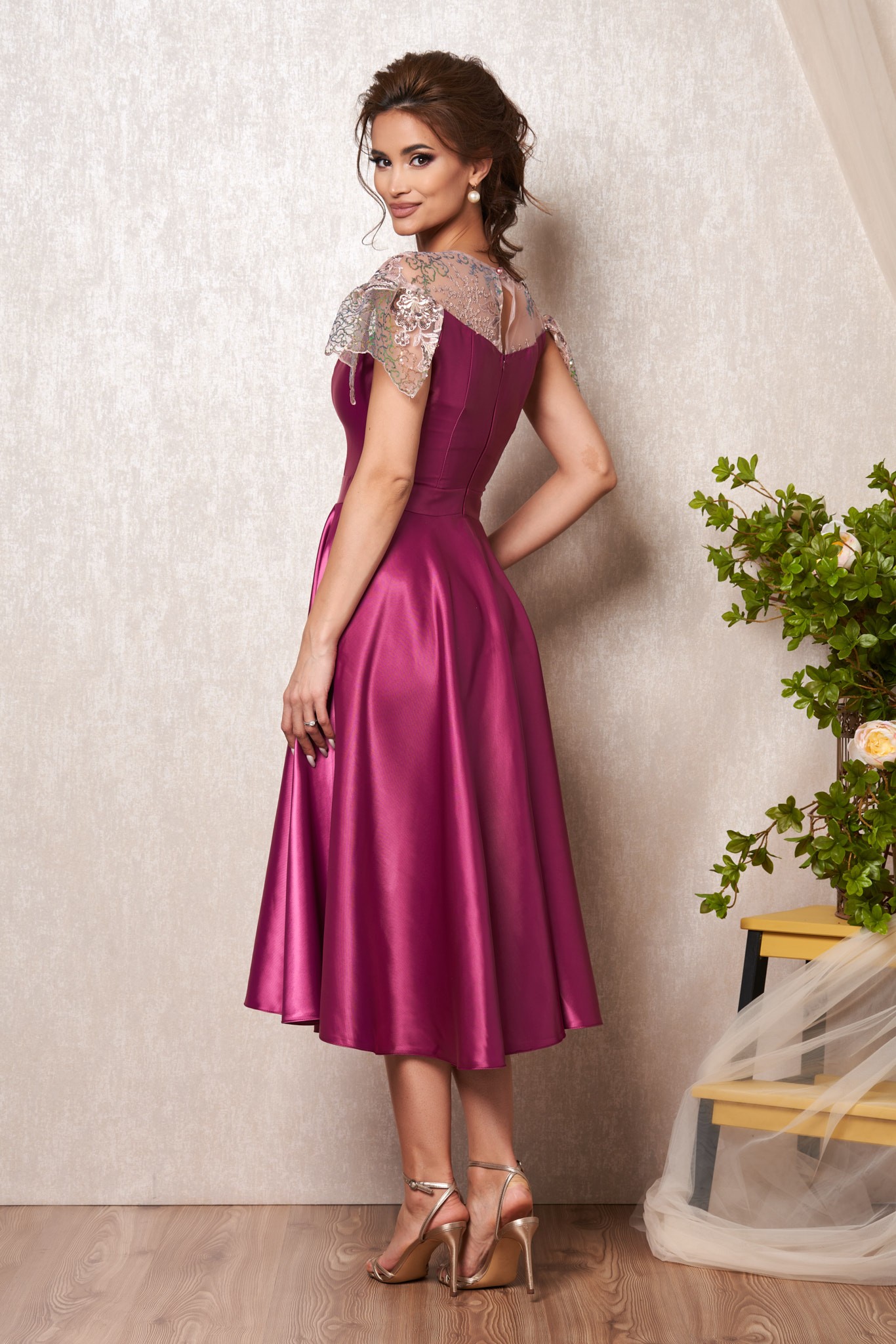 Κυκλάμινο Σατέν Μίντι Αμπιγιέ Φόρεμα Blush T2338 2