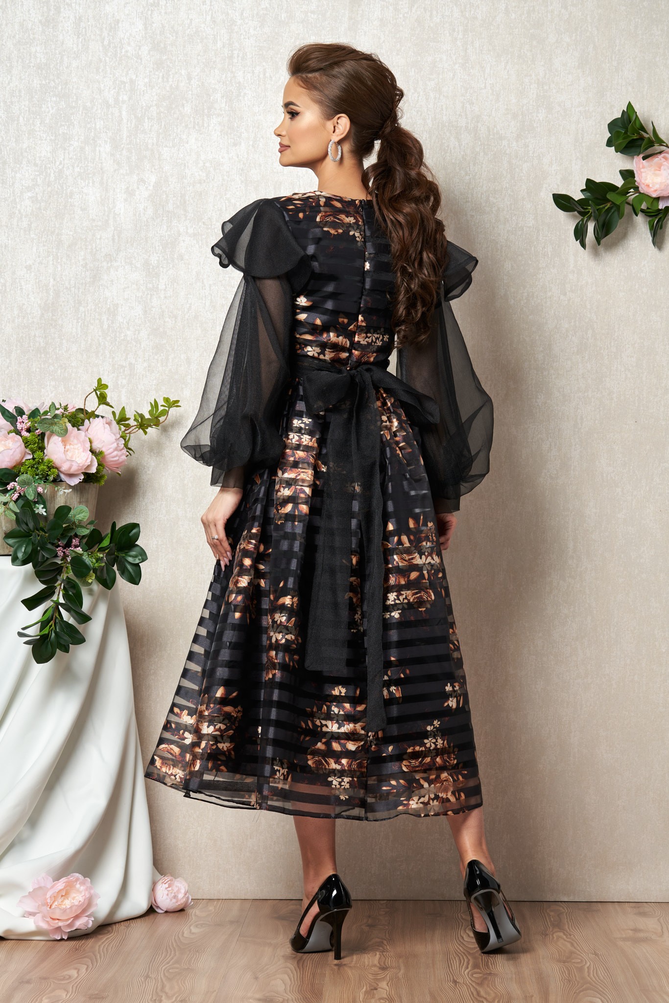 Μαύρο Αμπιγιέ Φόρεμα Με Καφέ Λουλούδια Tiffany T1980 2
