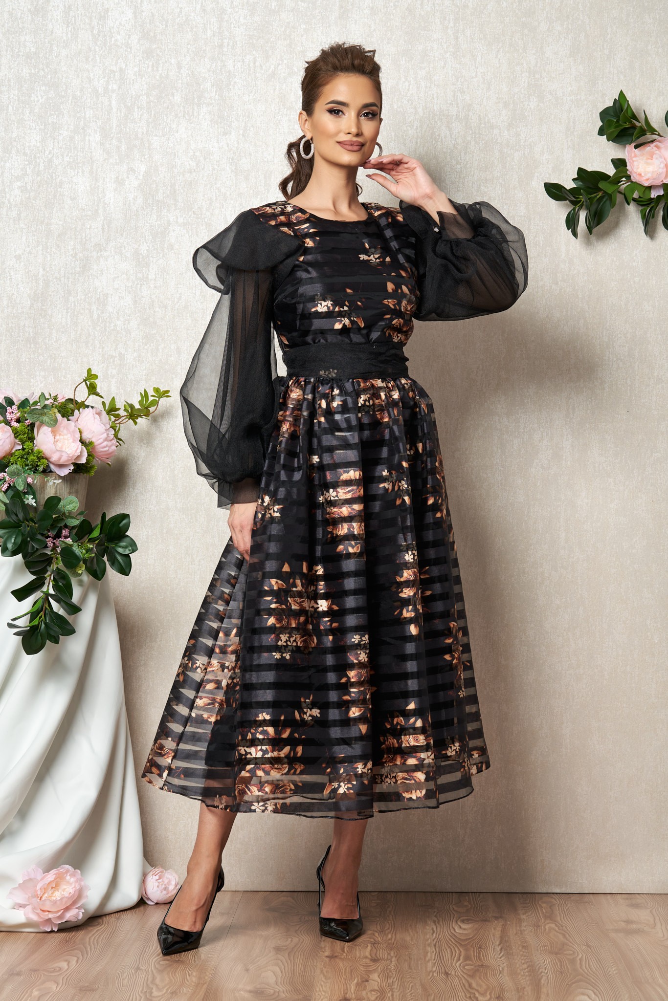 Μαύρο Αμπιγιέ Φόρεμα Με Καφέ Λουλούδια Tiffany T1980 1