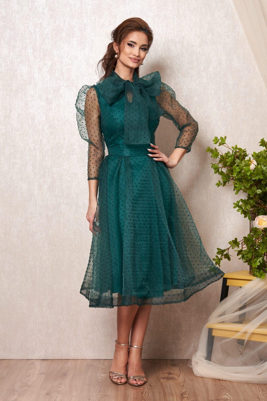 Πράσινο Μίντι Βραδινό Φόρεμα Με Φιόγκο Thalia T2270 1
