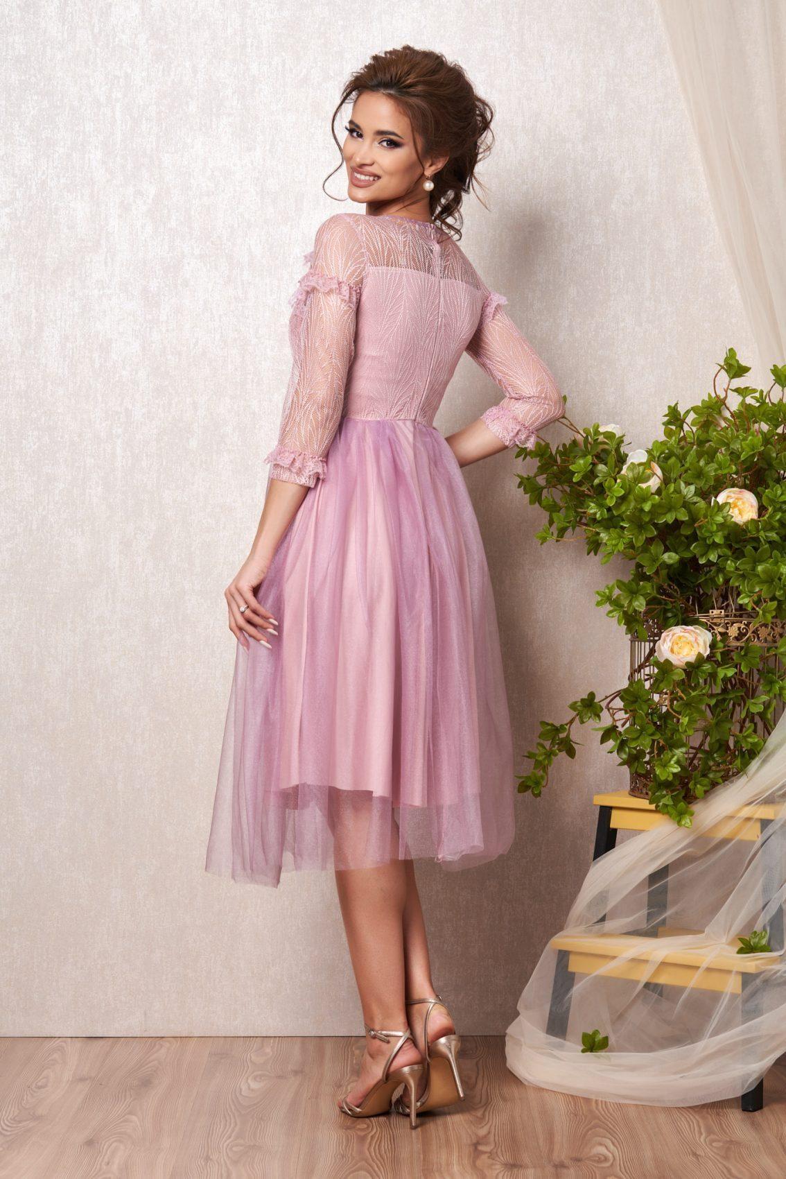 Ροζ Μίντι Αμπιγιέ Φόρεμα Με Δαντέλα Cameea T2237 2