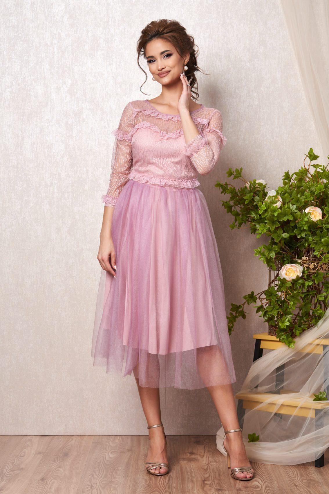 Ροζ Μίντι Αμπιγιέ Φόρεμα Με Δαντέλα Cameea T2237 1
